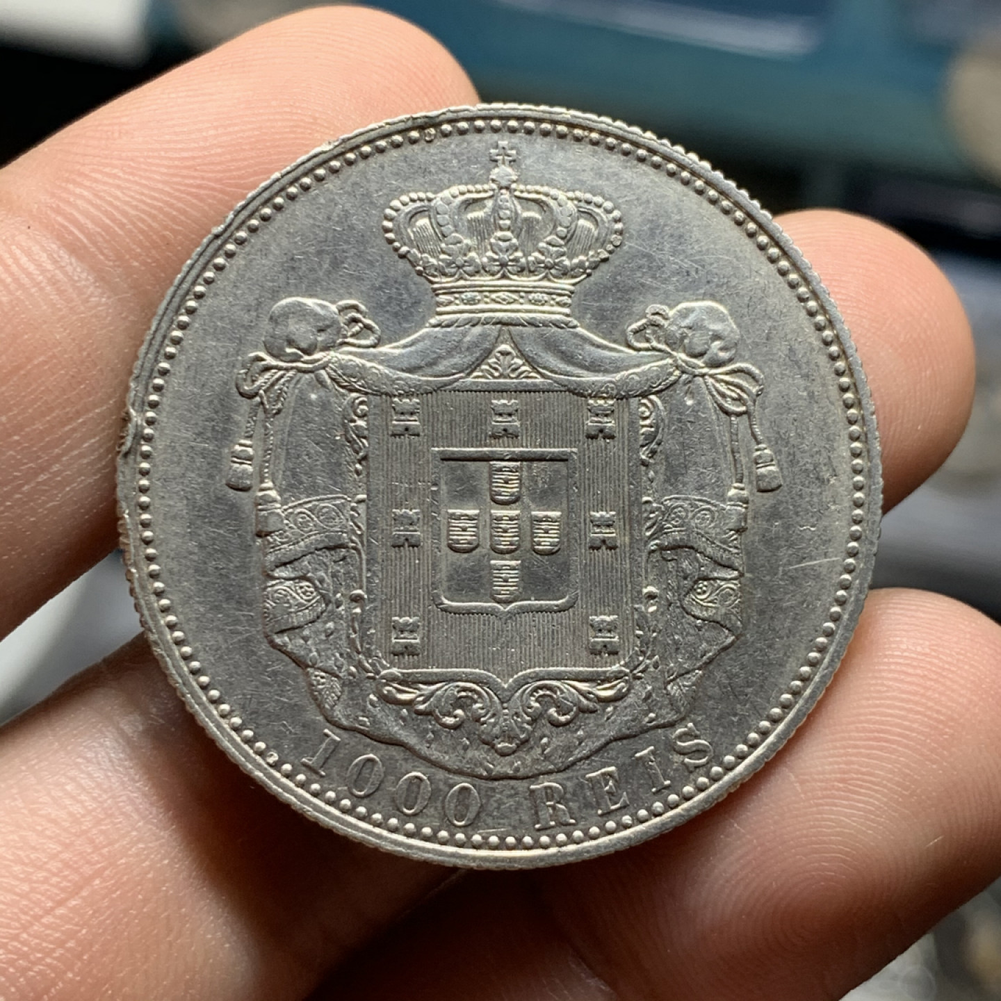 《竞宝斋》钱币微拍-第7场（不限金额顺丰包邮） 好品相 1899 葡萄牙卡洛斯一世 1000 瑞斯大银币 24.7g，37.4mm