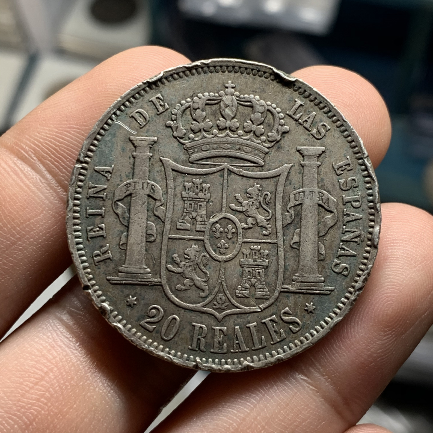 《竞宝斋》钱币微拍-第7场（不限金额顺丰包邮） 西班牙 1854年 猪妹妹 20R 原味 大银币 边缘有磕碰 25.7g，37.3mm