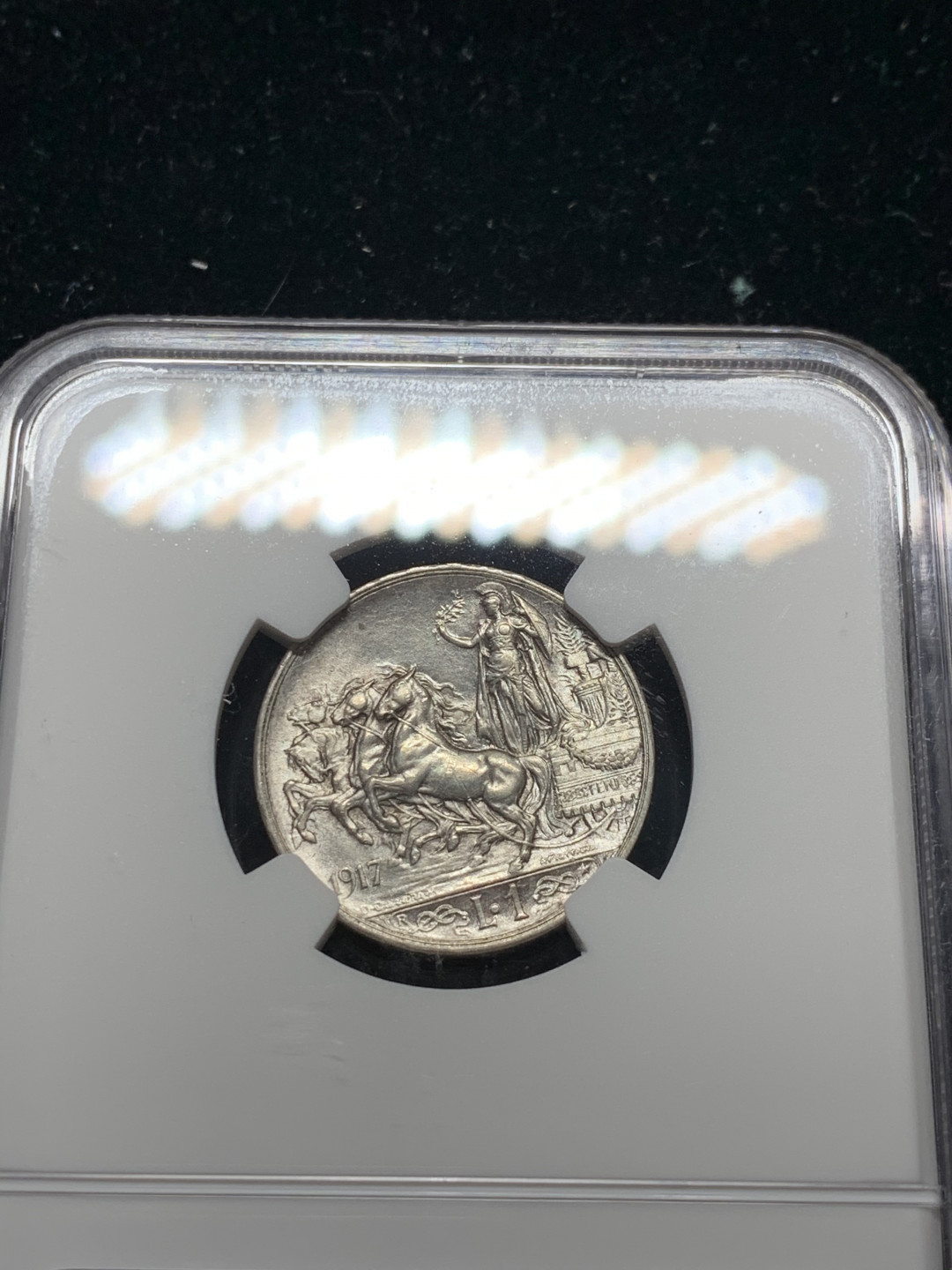 《竞宝斋》钱币微拍-第7场（不限金额顺丰包邮） NGC MS62 意大利 1917年 胜利马车 1里拉 原光银币 