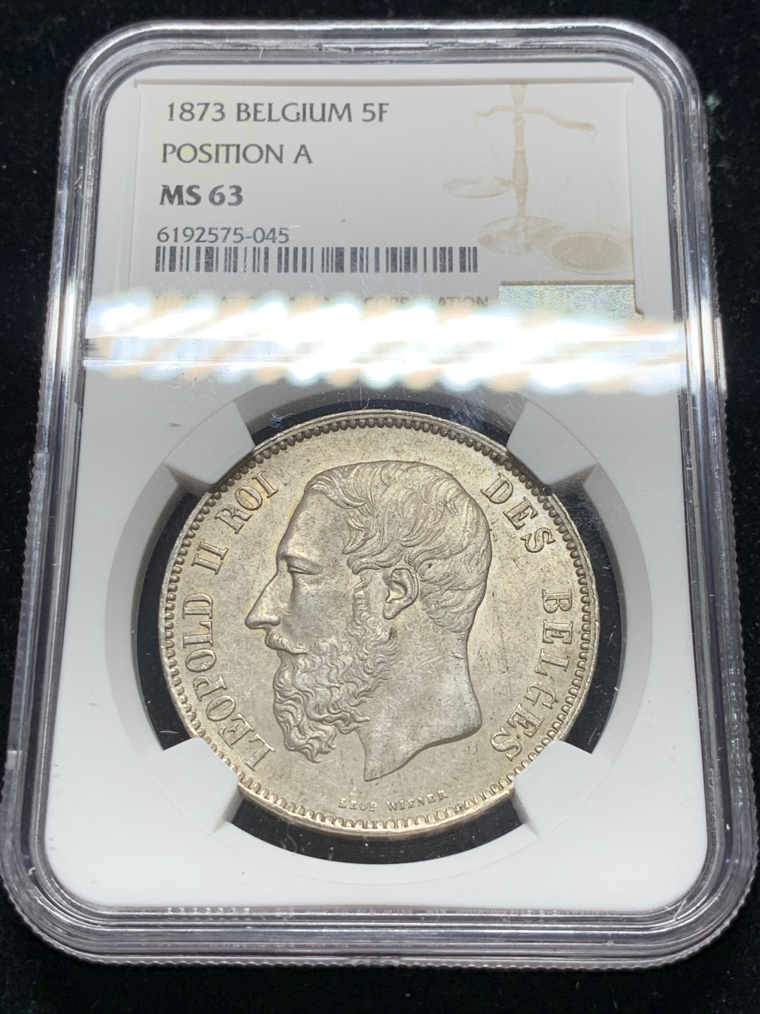 《竞宝斋》钱币微拍-第7场（不限金额顺丰包邮） NGC MS63 比利时 1873年 利奥波德二世 5法郎 原光银币