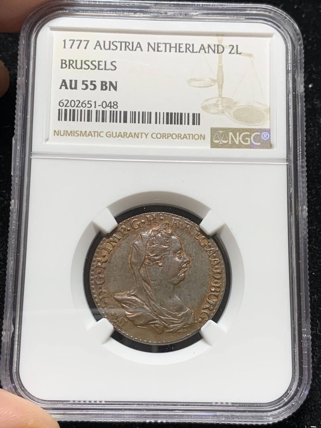 《竞宝斋》钱币微拍-第7场（不限金额顺丰包邮） NGC AU55 奥属尼德兰 1777年 大奶妈 2L 铜币 第三名