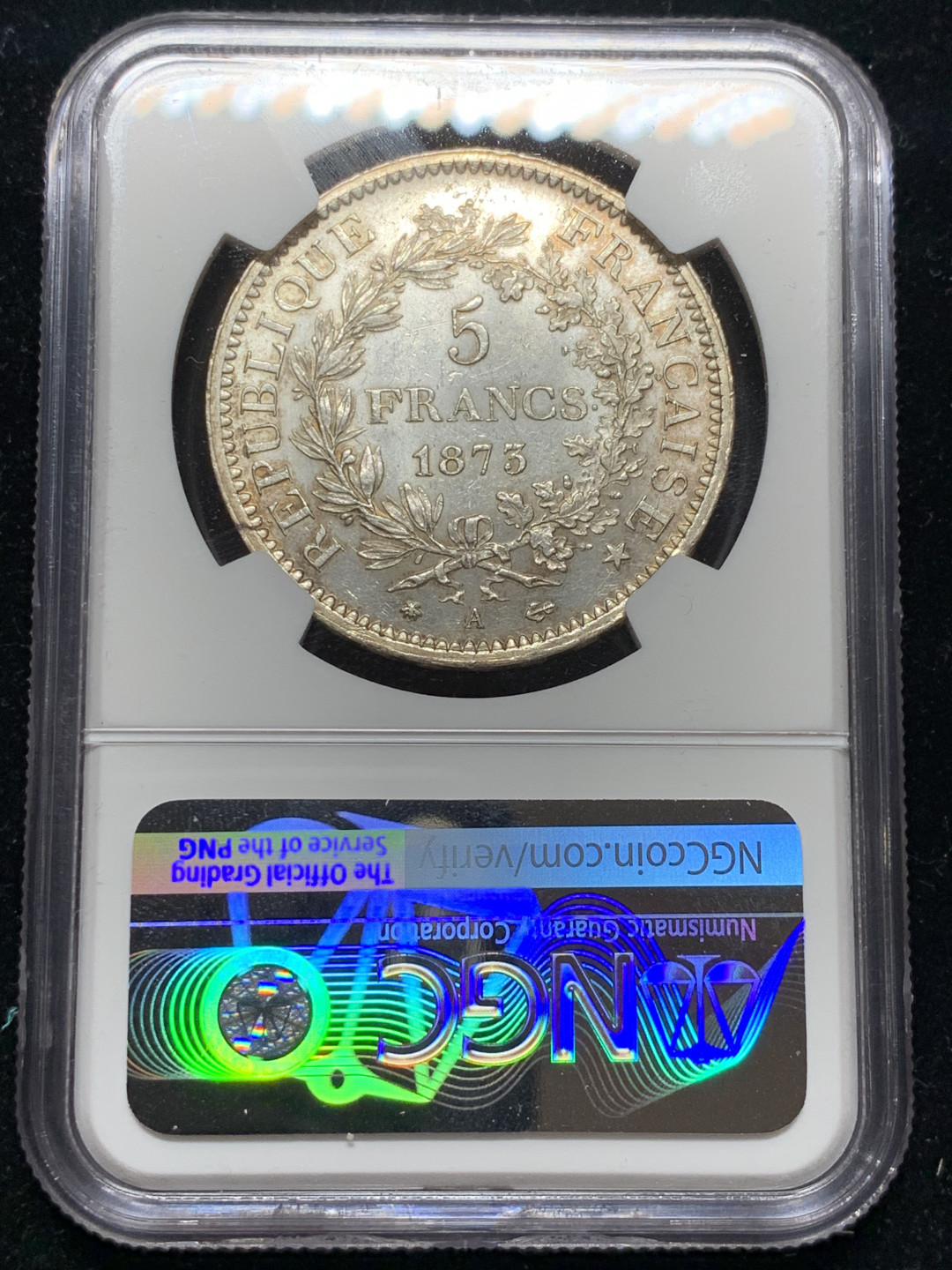 《竞宝斋》钱币微拍-第7场（不限金额顺丰包邮） NGC UNC评级 法国1873年 大力神 3P 5法郎银币 除了没分啥都好