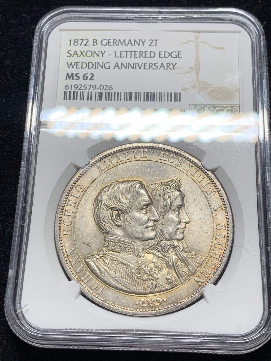 《竞宝斋》钱币微拍-第7场（不限金额顺丰包邮） NGC MS62 德国萨克森 1872年 金婚 2泰勒 大银币 转光原味 少见品种