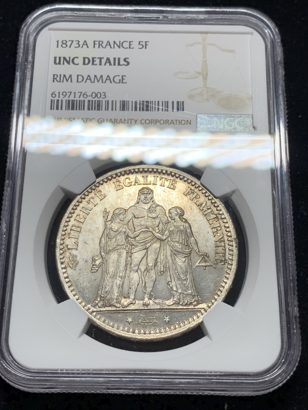 《竞宝斋》钱币微拍-第7场（不限金额顺丰包邮） NGC UNC评级 法国1873年 大力神 3P 5法郎银币 除了没分啥都好