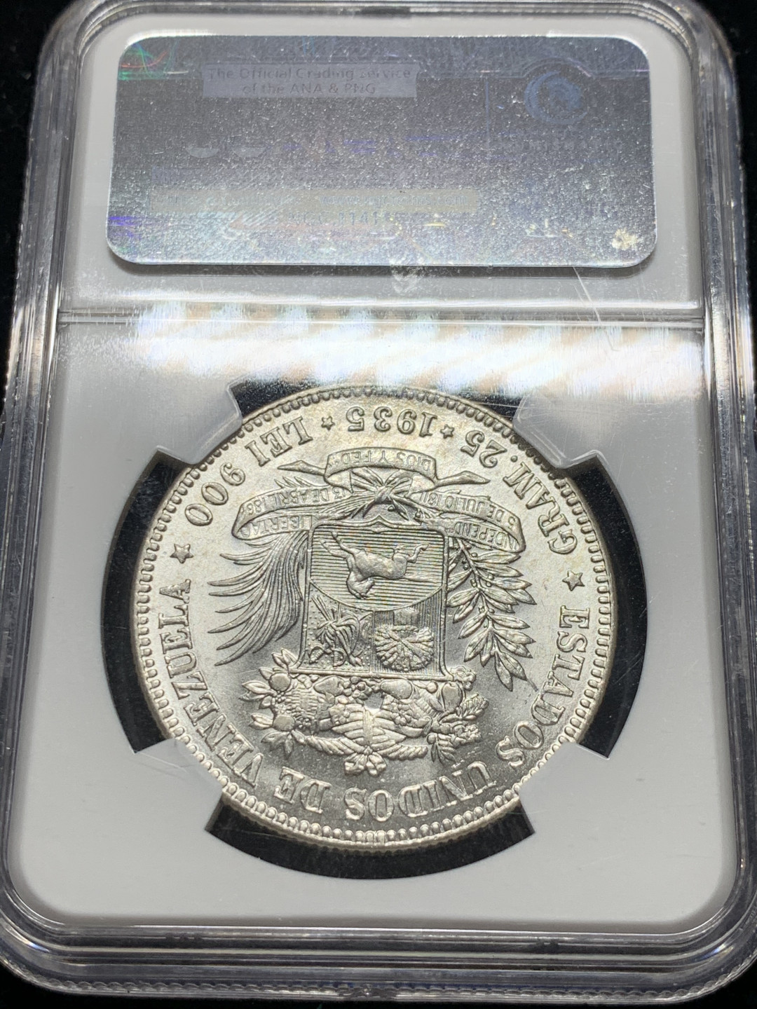 《竞宝斋》钱币微拍-第7场（不限金额顺丰包邮） NGC MS63 委内瑞拉 1935年 5玻利瓦尔 大银币 车轮光 顶级品相