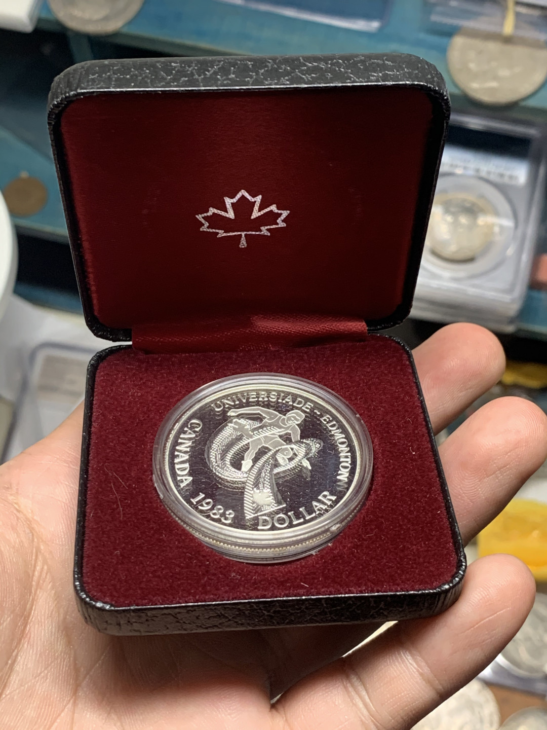 《竞宝斋》钱币微拍-第7场（不限金额顺丰包邮） 加拿大 1983年 埃德蒙顿大运会 一元 精制纪念 银币 原盒
