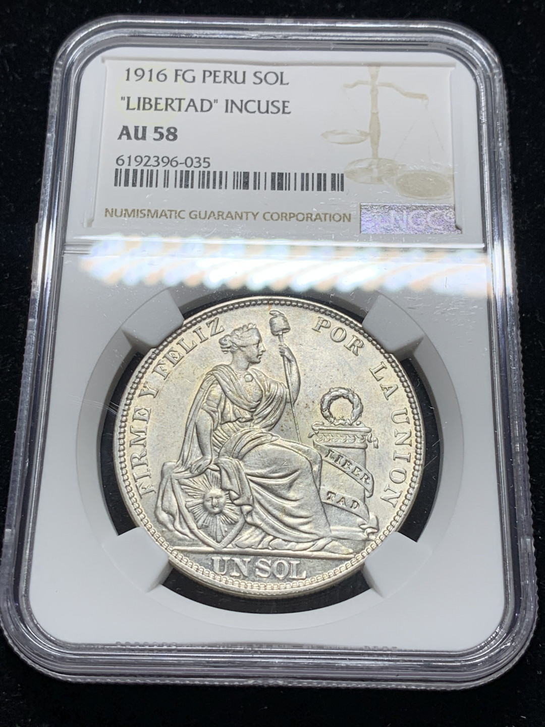《竞宝斋》钱币微拍-第7场（不限金额顺丰包邮） NGC AU58 秘鲁 1916年 坐人 1索尔 原光大银币 转光 62分的状态只给了58