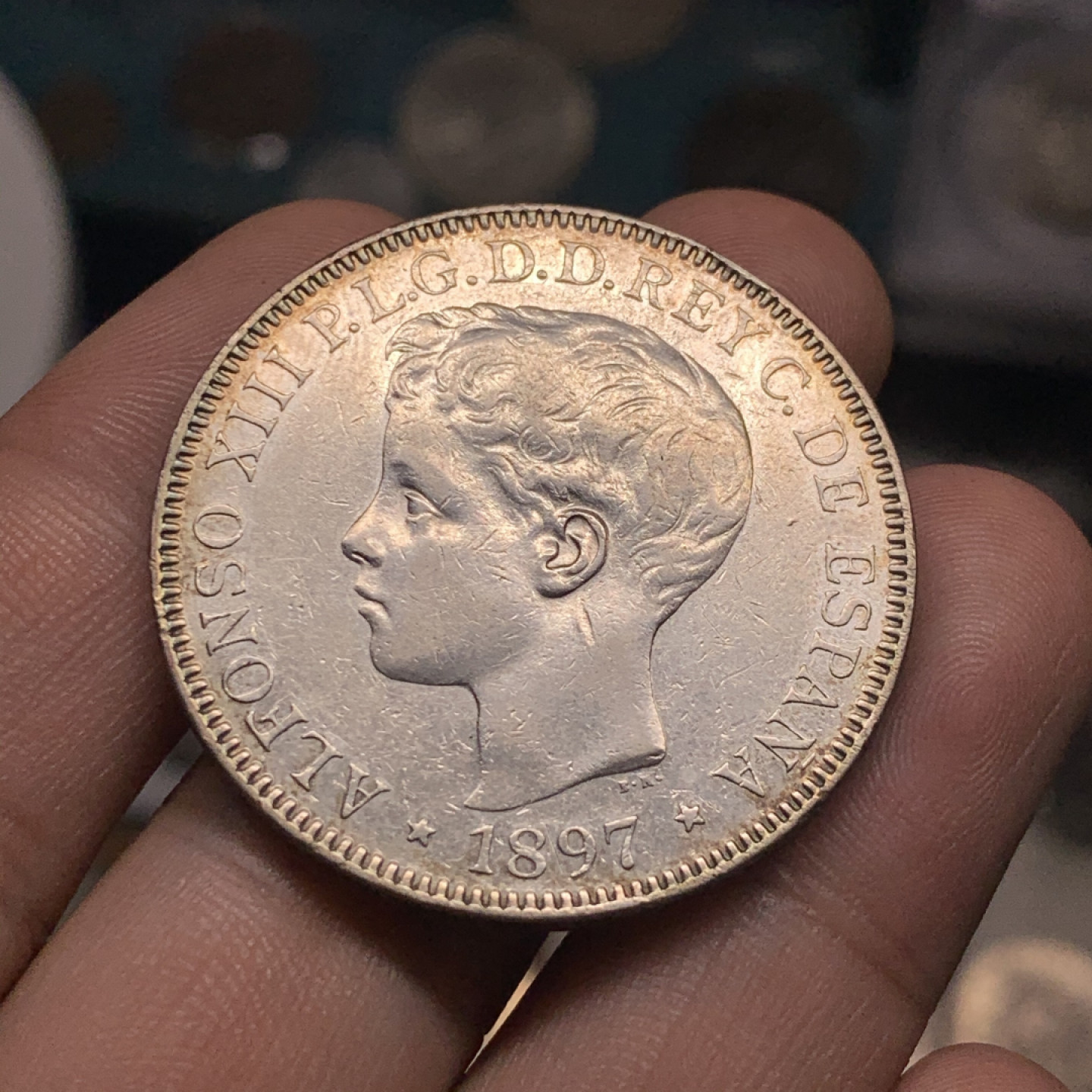 《竞宝斋》钱币微拍-第7场（不限金额顺丰包邮） 稀少 西属 菲律宾 阿方索十三世 1897年 1比索 大银币25g，37.4mm（西属非本土5P可比）