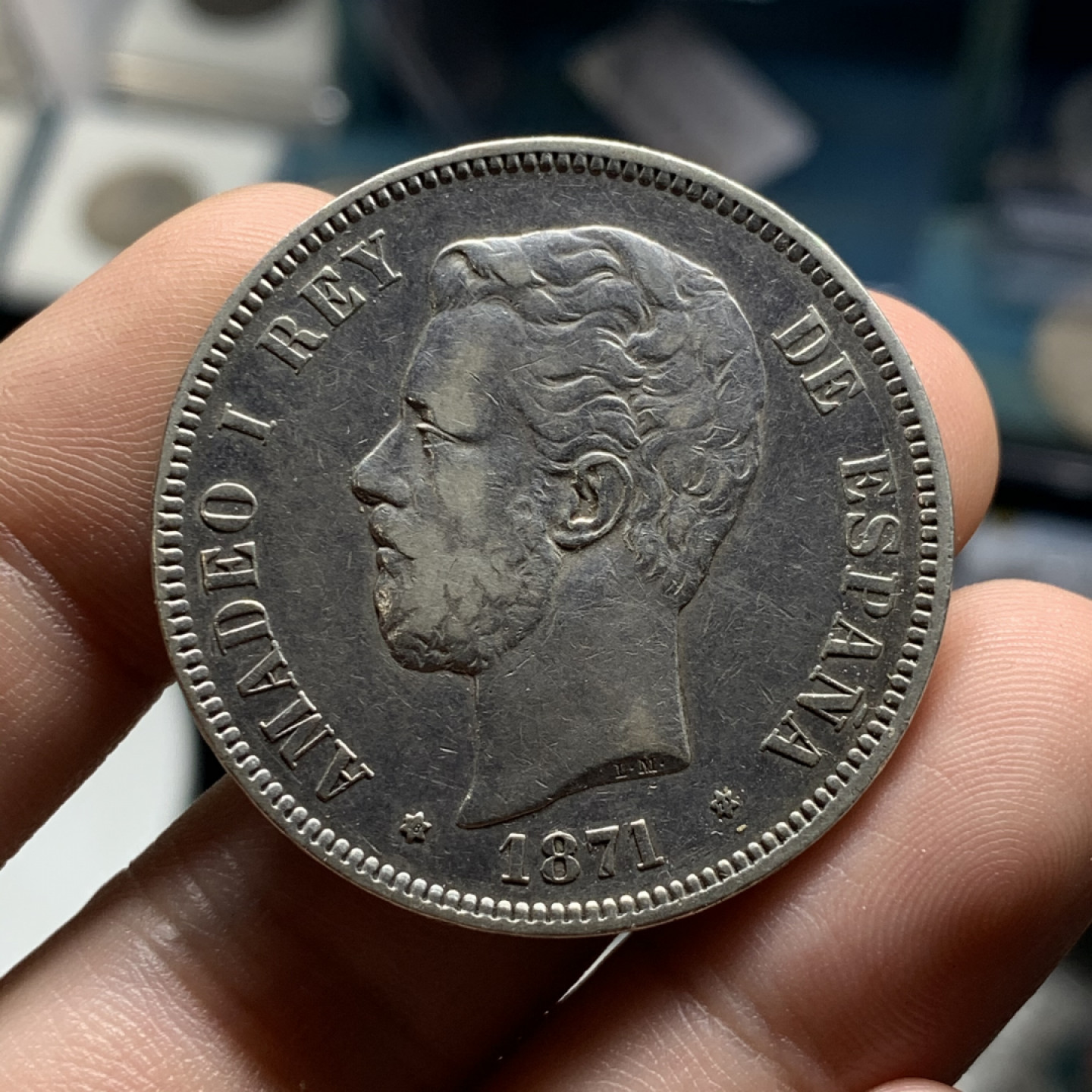 《竞宝斋》钱币微拍-第7场（不限金额顺丰包邮） 西班牙 1871年阿玛迪奥一世 5比塞塔 大银币 重：24.8g 直径：37.4mm