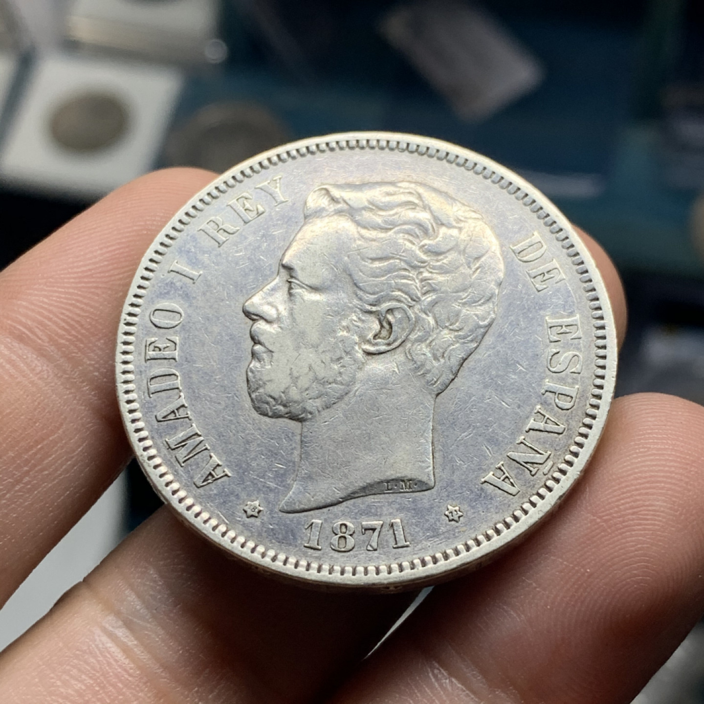 《竞宝斋》钱币微拍-第7场（不限金额顺丰包邮） 西班牙 1871年阿玛迪奥一世 5比塞塔 大银币 重：24.8g 直径：37.4mm