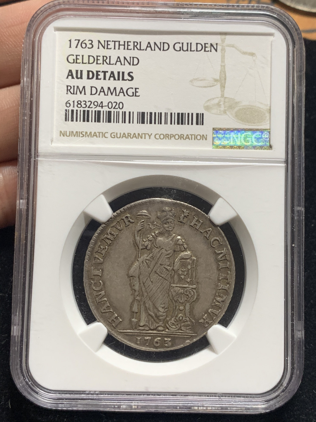 《竞宝斋》钱币微拍-第7场（不限金额顺丰包邮） NGC AU 荷兰 1763年 站人 1盾 银币 原味老包浆