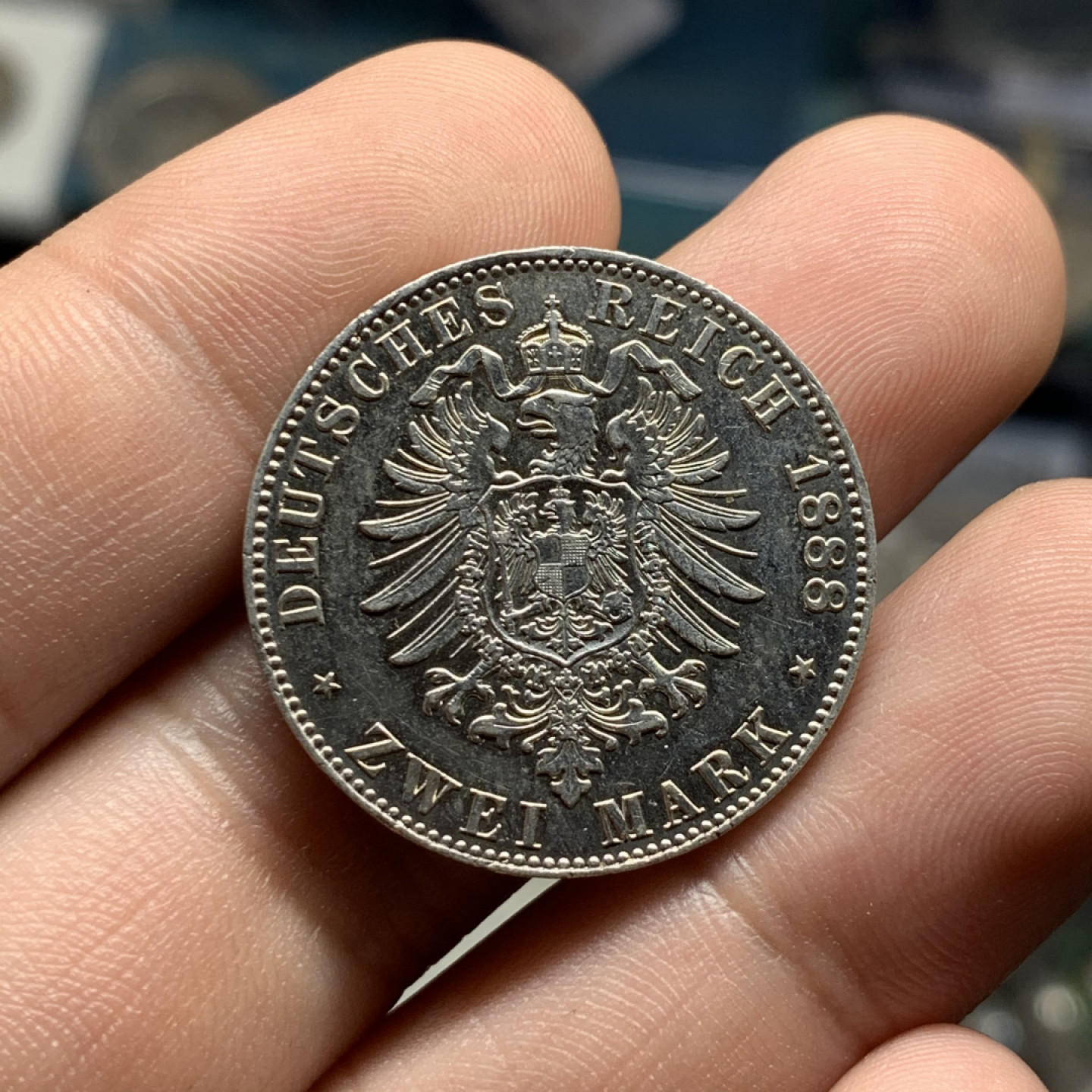 《竞宝斋》钱币微拍-第7场（不限金额顺丰包邮） 德国普鲁士 1888年 三皇年弗雷德里希 2马克 好品银币 10.8g，27.8mm