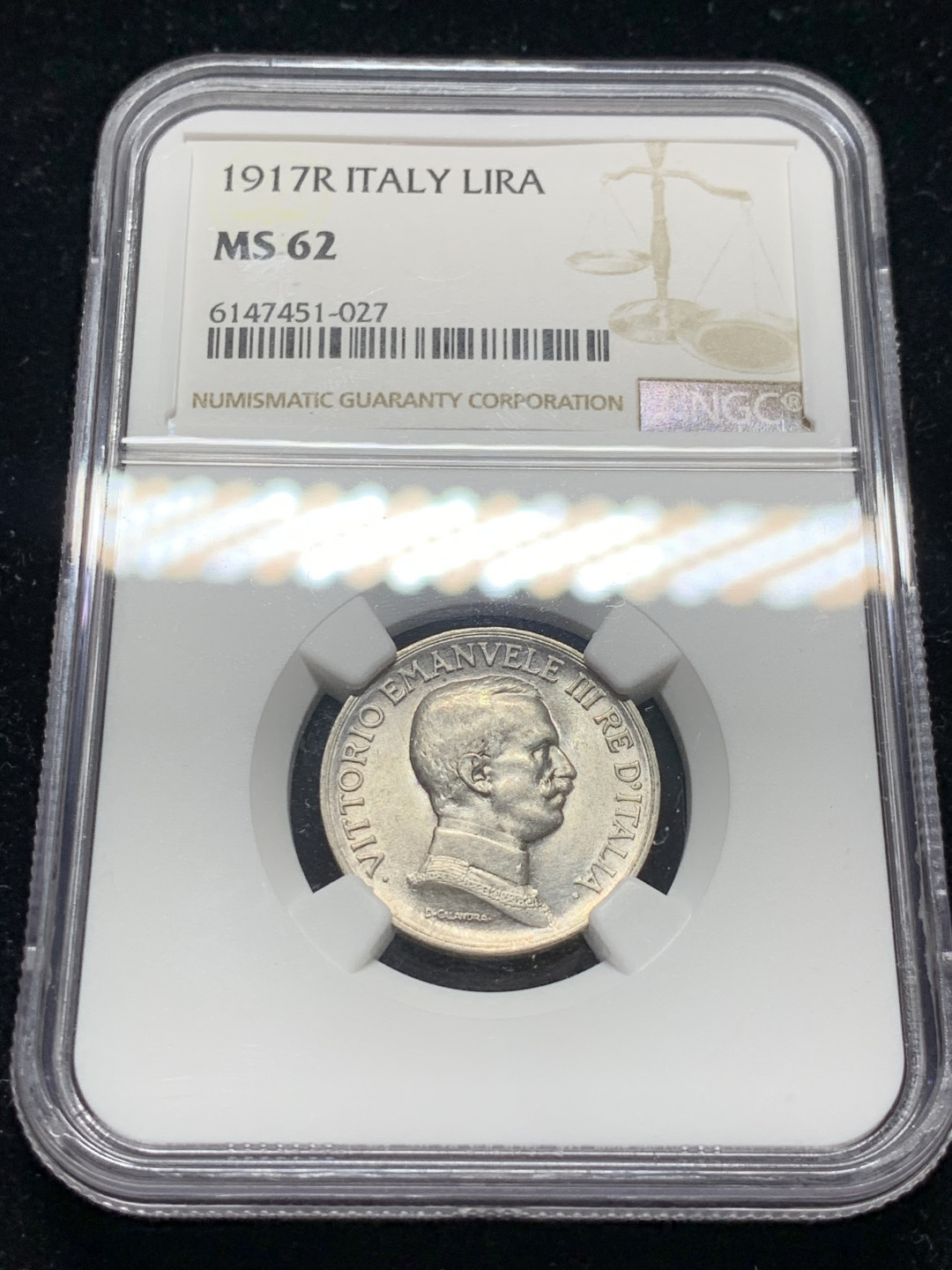 《竞宝斋》钱币微拍-第7场（不限金额顺丰包邮） NGC MS62 意大利 1917年 胜利马车 1里拉 原光银币 
