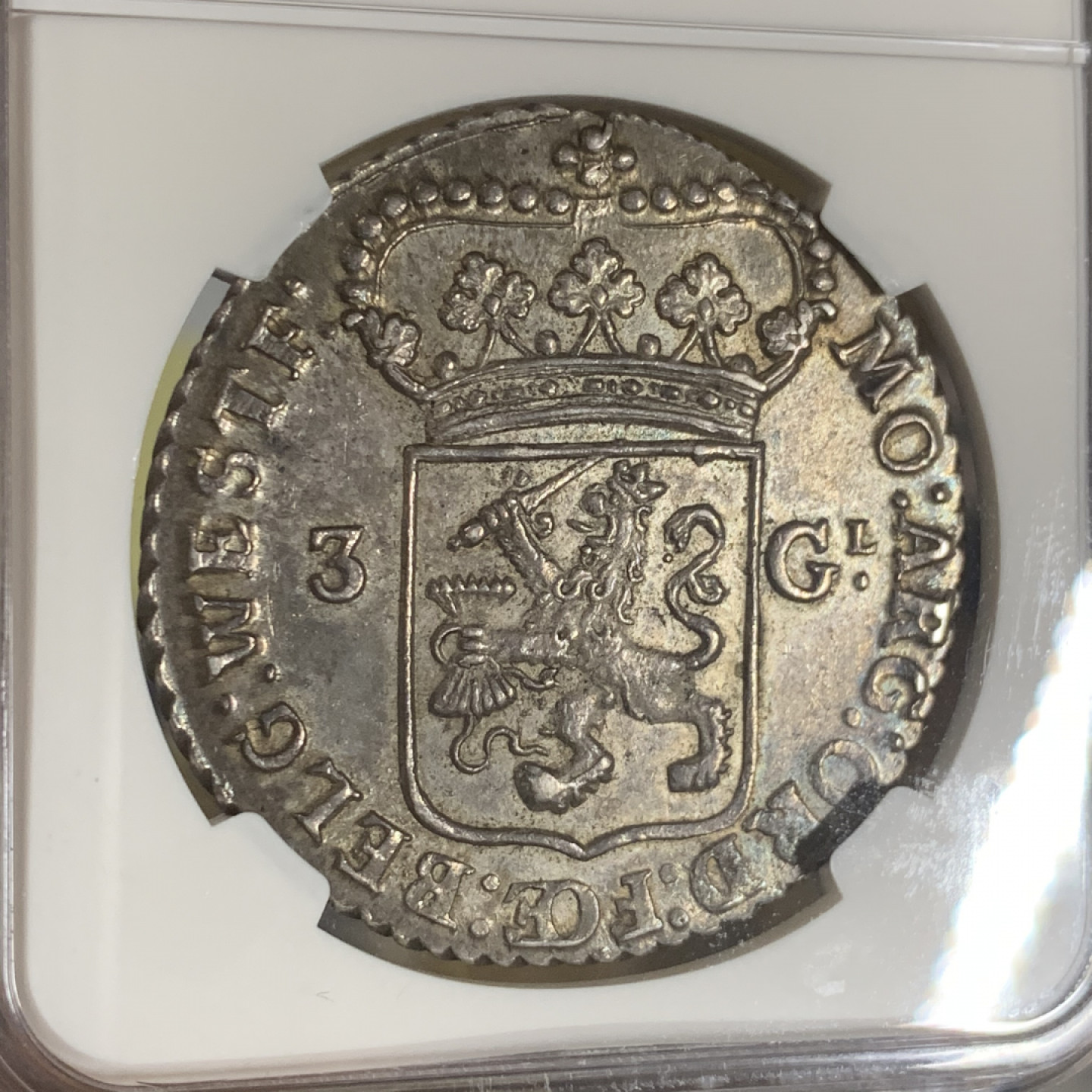 《竞宝斋》钱币微拍-第7场（不限金额顺丰包邮） NGC MS62 荷兰西弗里斯兰 1793 站人 3盾 带光老包浆 大银币