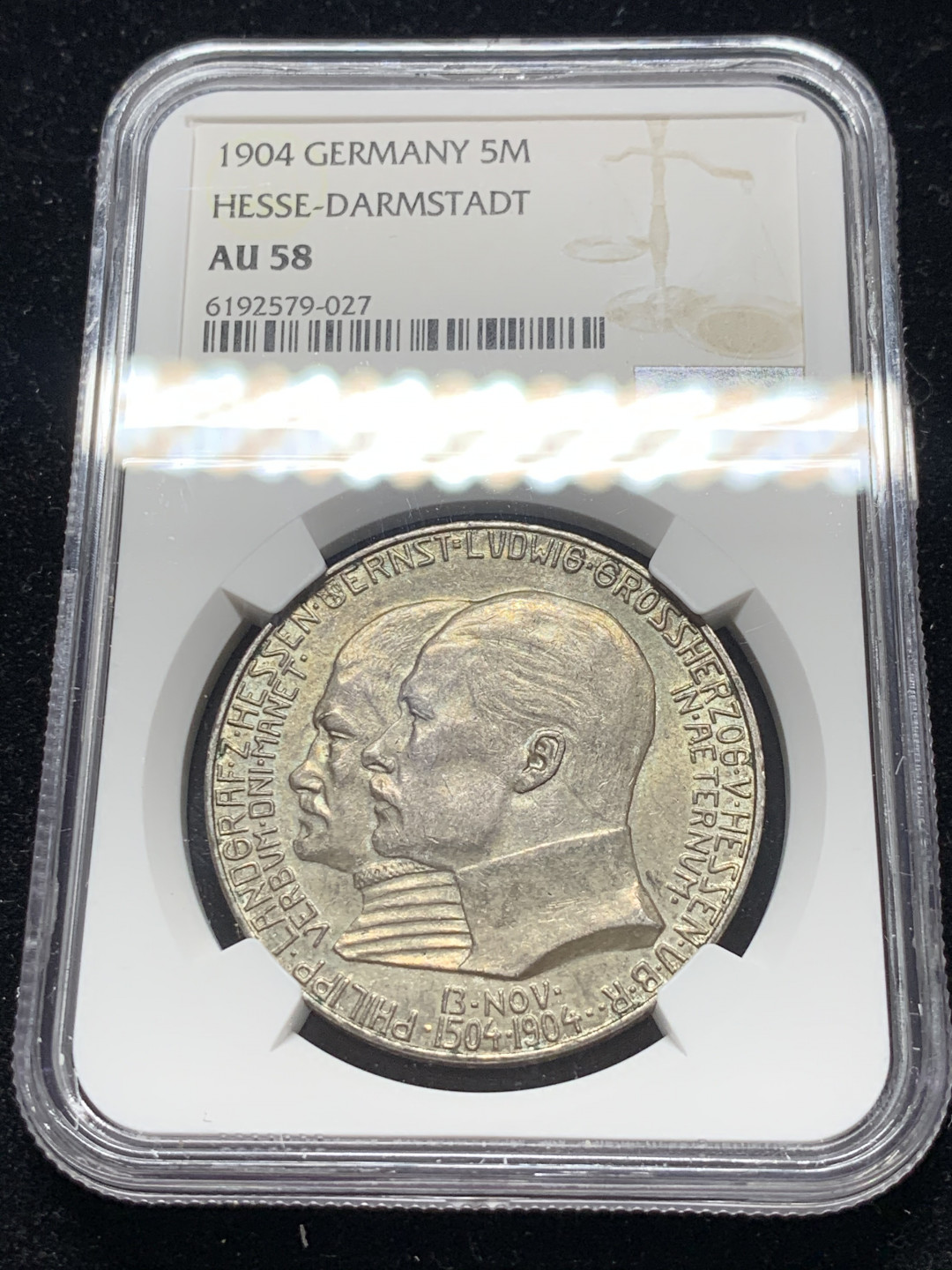 《竞宝斋》钱币微拍-第7场（不限金额顺丰包邮） NGC AU58 德国黑森.达姆施塔特 1904年 5马克 银币 原味 少见品种