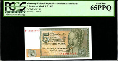 【Blue Auction】世界纸币精拍第128期——国庆专场（共100拍） - 德国 1963年 5马克 未发行 PCGS65EPQ 绝品 年轻的威尼斯女子像
