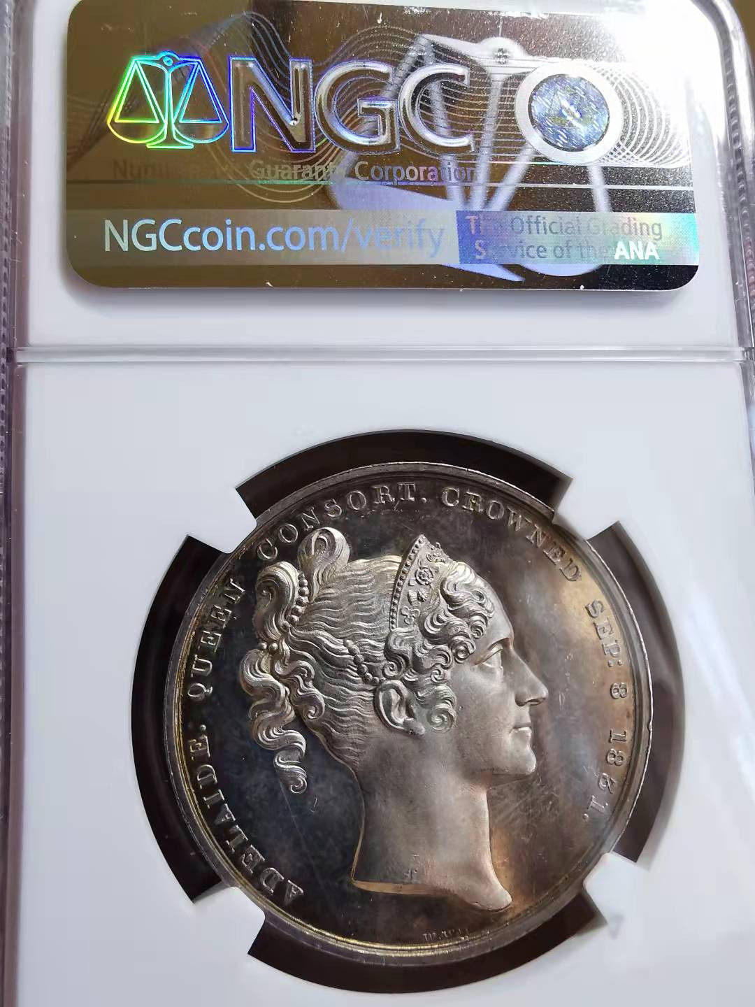 凡希社世界钱币微拍第一百七十二期 荐！1831英国威廉四世与阿黛莱德王后加冕纪念银章原铸NGC-MS61威廉怀恩经典雕模！