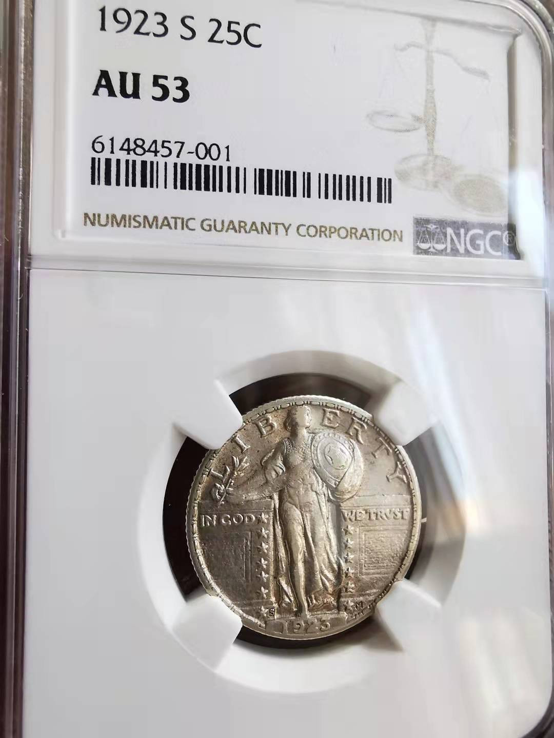 凡希社世界钱币微拍第一百七十二期 荐！1923S美国行走女神25美分银币NGC-AU53稀有年版！