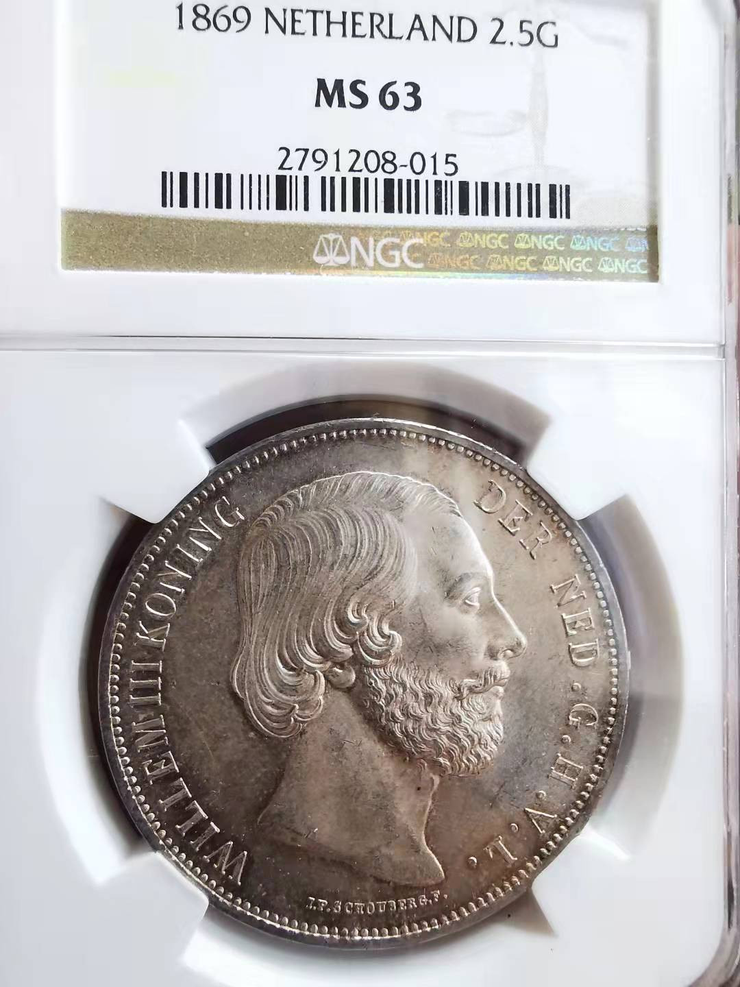 凡希社世界钱币微拍第一百七十二期 1869荷兰威廉三世2.5盾大银NGC-MS63淡紫金包浆！