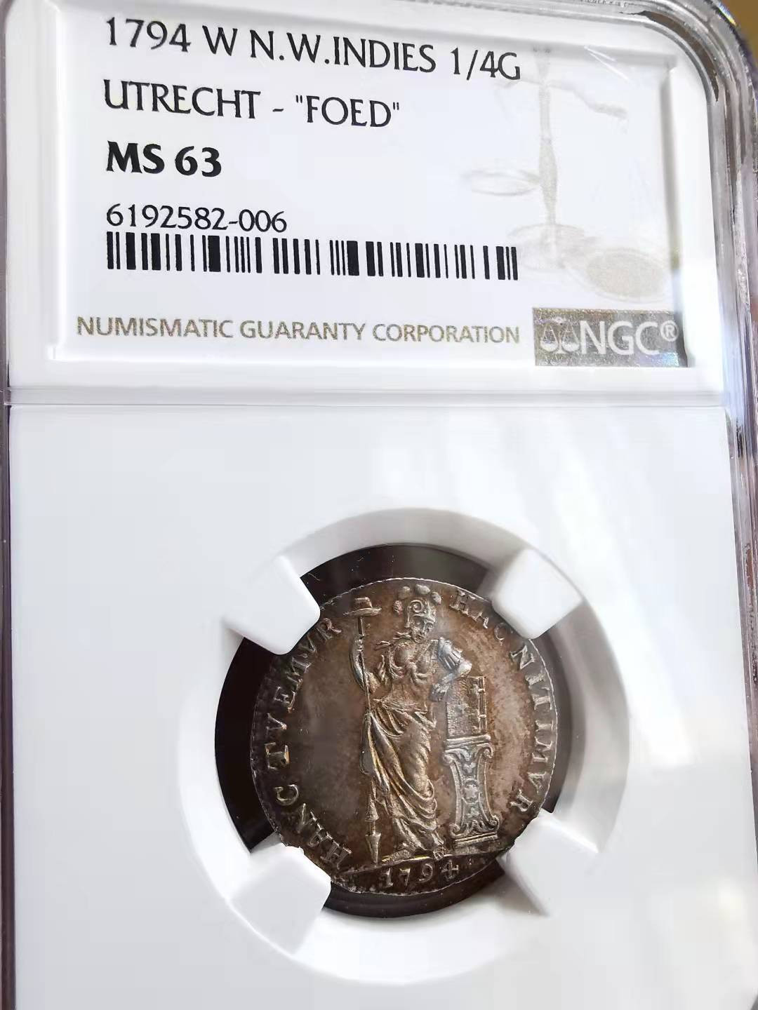 凡希社世界钱币微拍第一百七十二期 荐！1794荷属西印度1/4盾NGC-MS63紫金包浆！