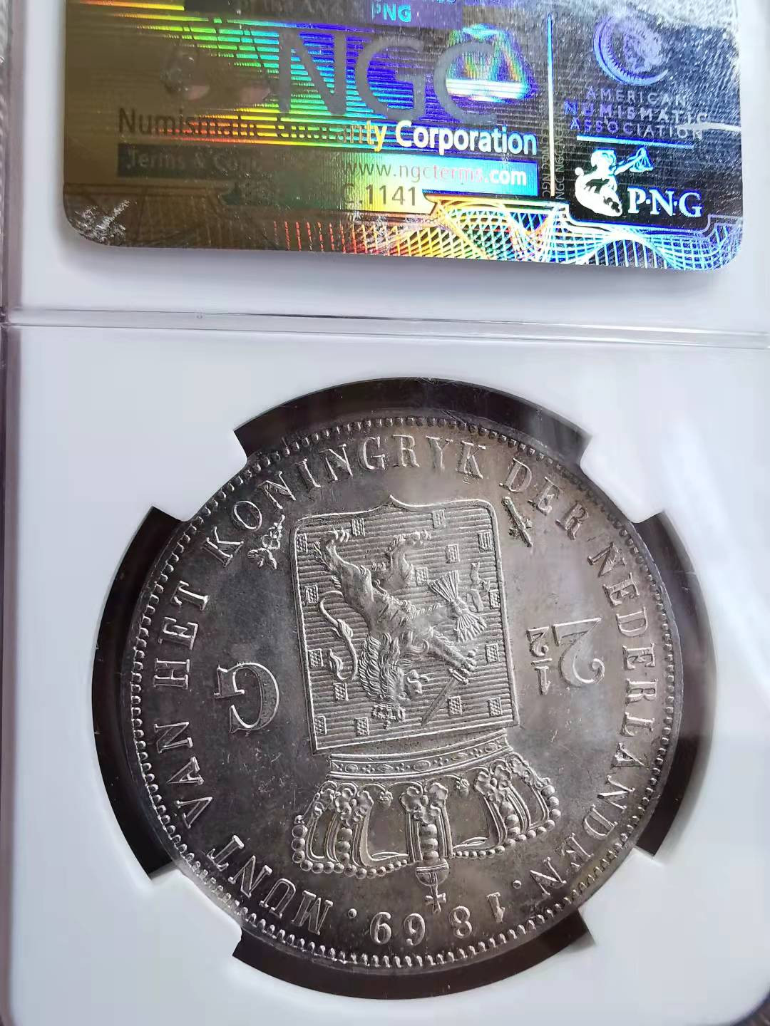 凡希社世界钱币微拍第一百七十二期 1869荷兰威廉三世2.5盾大银NGC-MS63淡紫金包浆！
