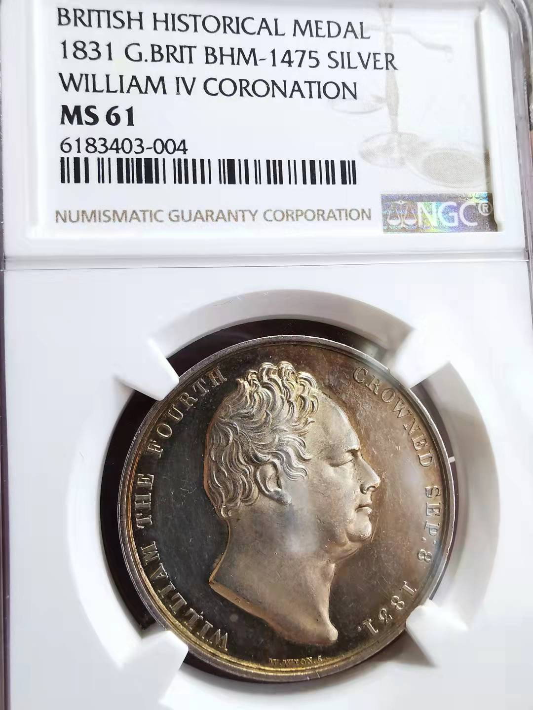 凡希社世界钱币微拍第一百七十二期 荐！1831英国威廉四世与阿黛莱德王后加冕纪念银章原铸NGC-MS61威廉怀恩经典雕模！