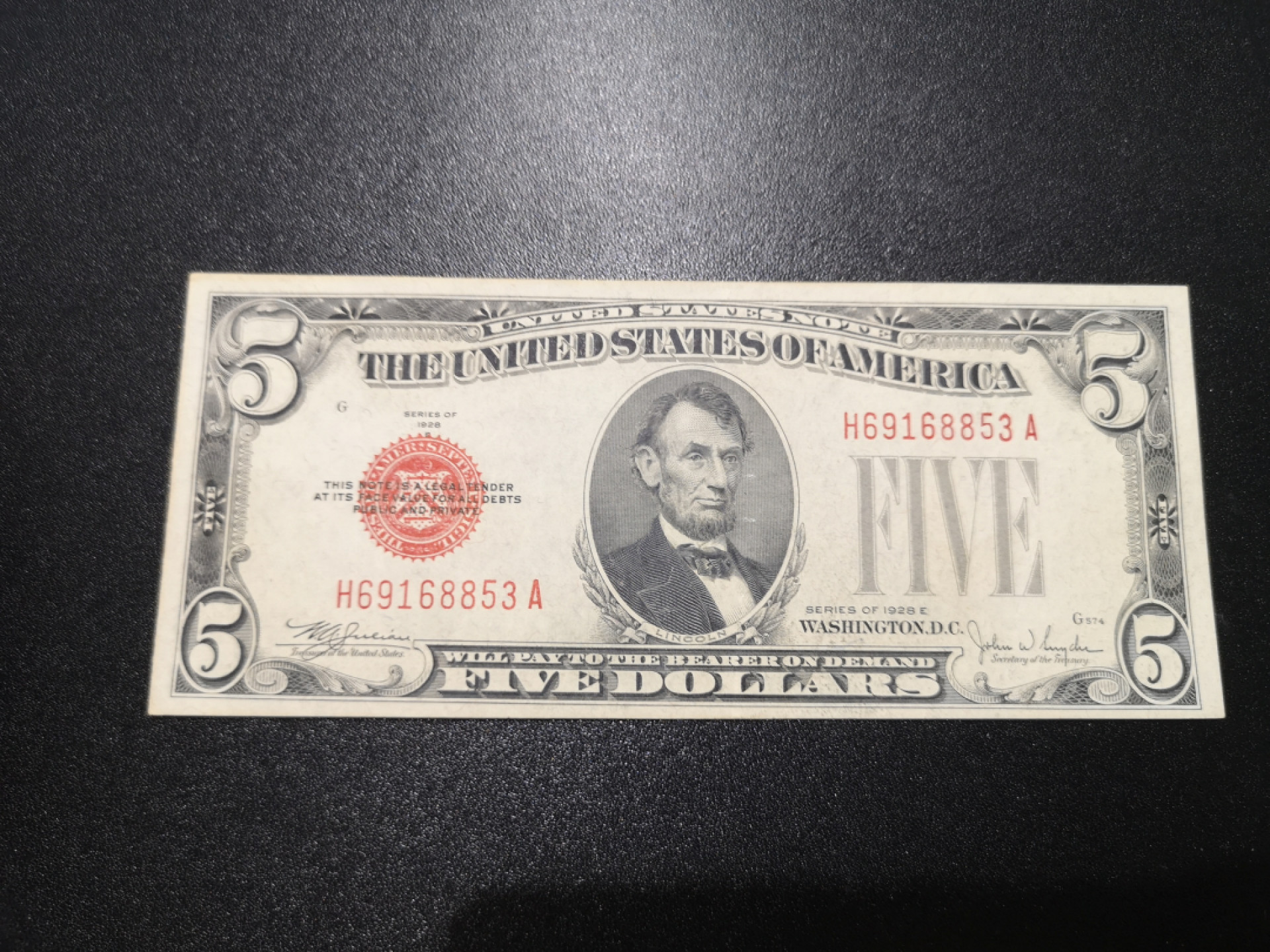 《外钞收藏家》金九银十双拍9号场（总133期）（本期72件） 1928年5美元 红库印 年代久变有泛黄 近全新 