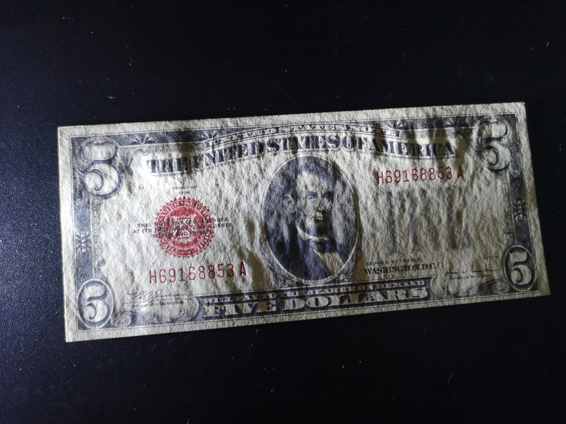 《外钞收藏家》金九银十双拍9号场（总133期）（本期72件） 1928年5美元 红库印 年代久变有泛黄 近全新 