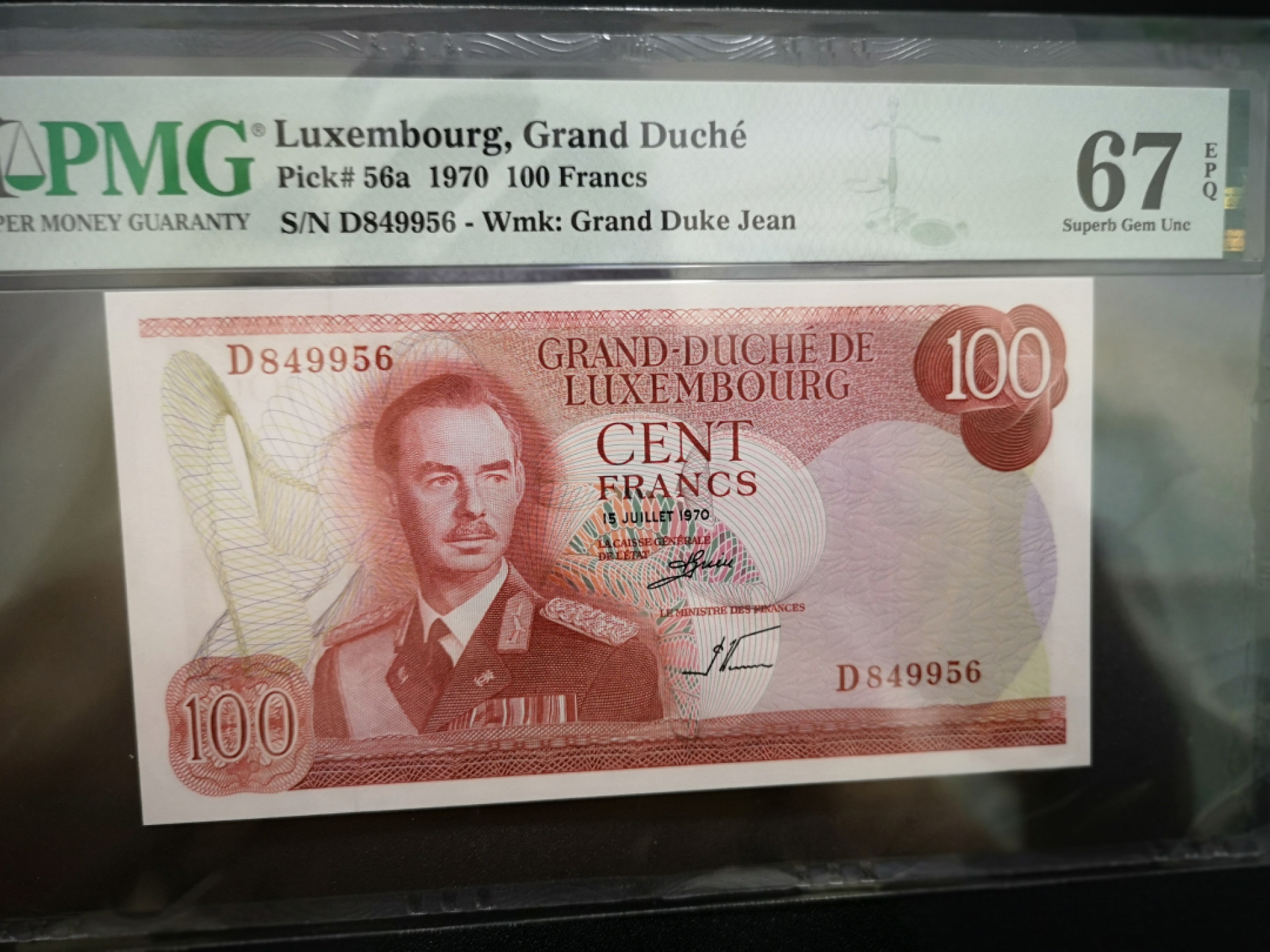 《外钞收藏家》金九银十双拍9号场（总133期）（本期72件） 1970年卢森堡100法郎 精美钞票  PMG67