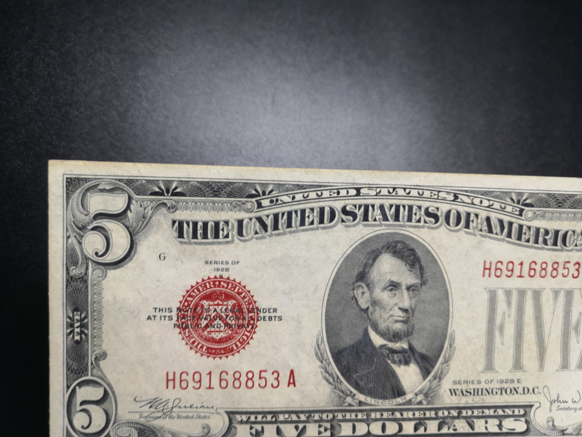 《外钞收藏家》金九银十双拍9号场（总133期）（本期72件） 1928年5美元 红库印 年代久变有泛黄 近全新 