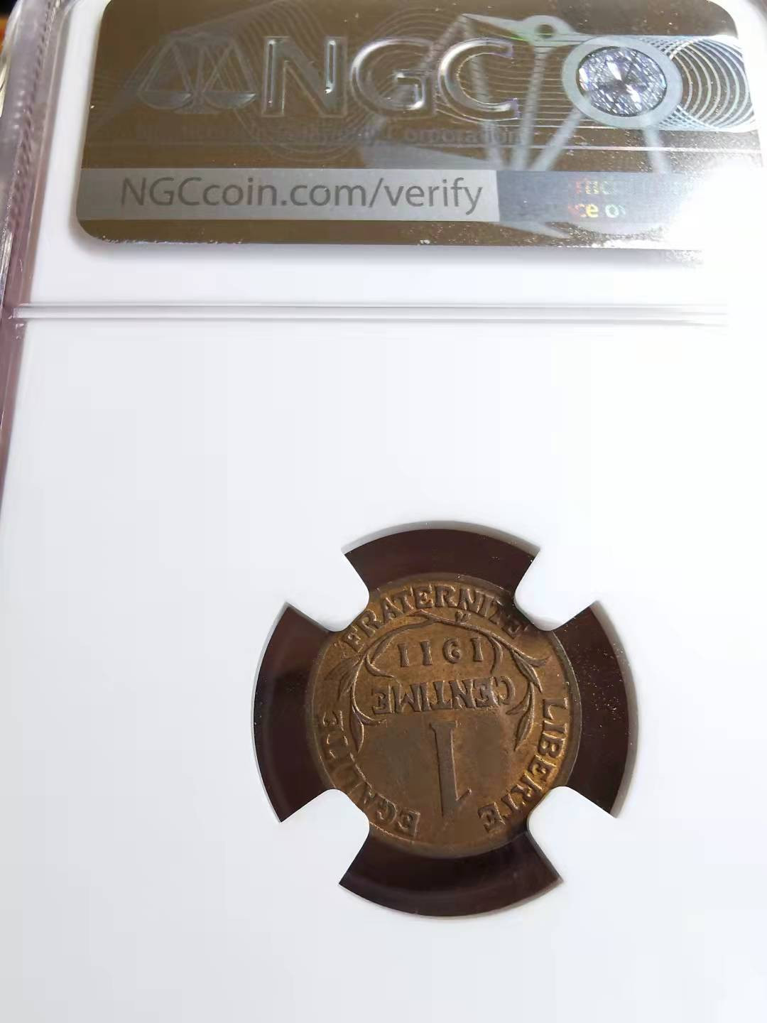 凡希社世界钱币副品交流自动拍⑤ 1911法国自由帽女神1分NGC-MS62