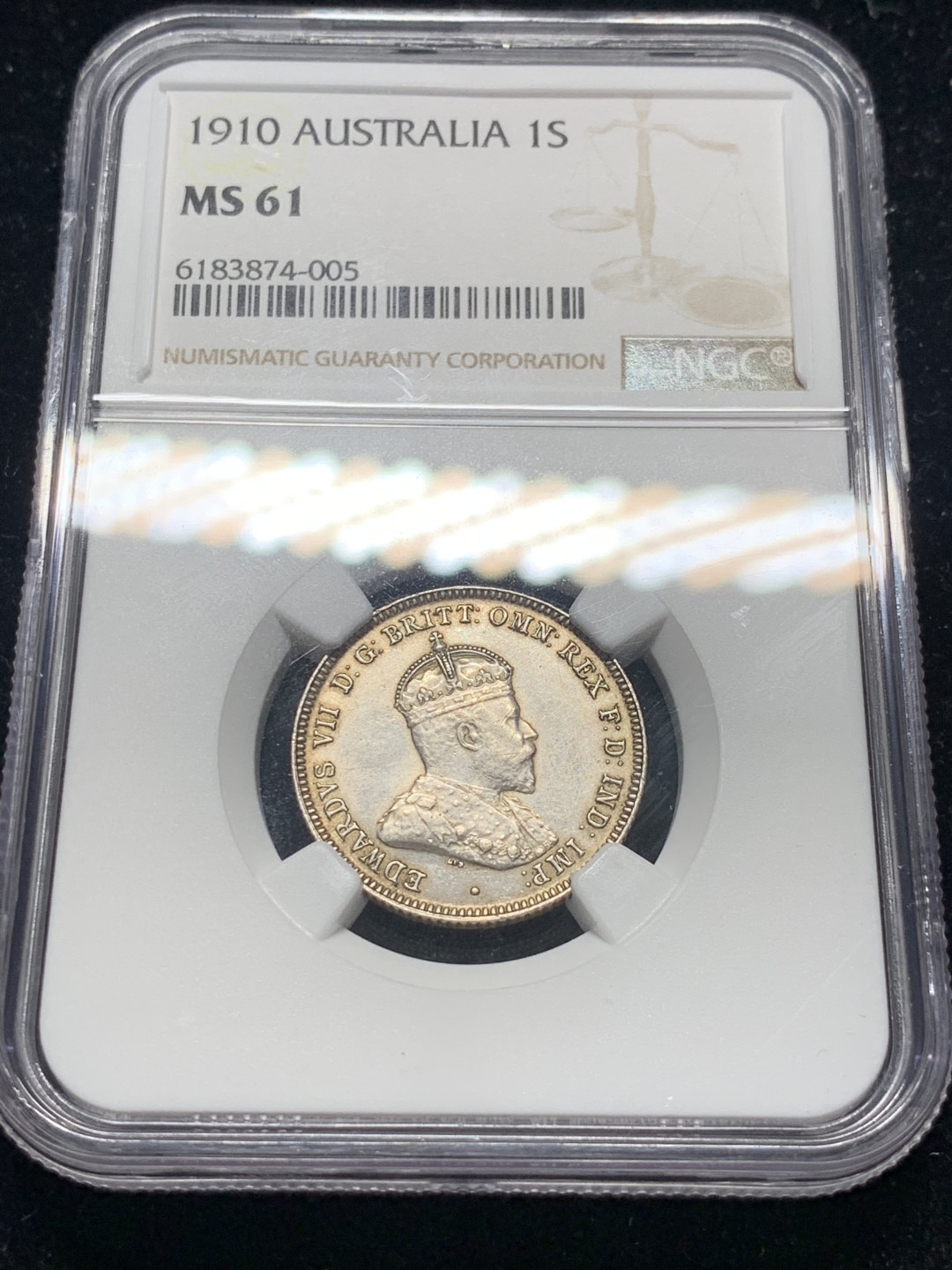 《竞宝斋》钱币微拍-第8场（不限金额顺丰包邮） NGC-MS61 英属澳大利亚1910年爱德华七世1先令 NGC编号：6183874-005