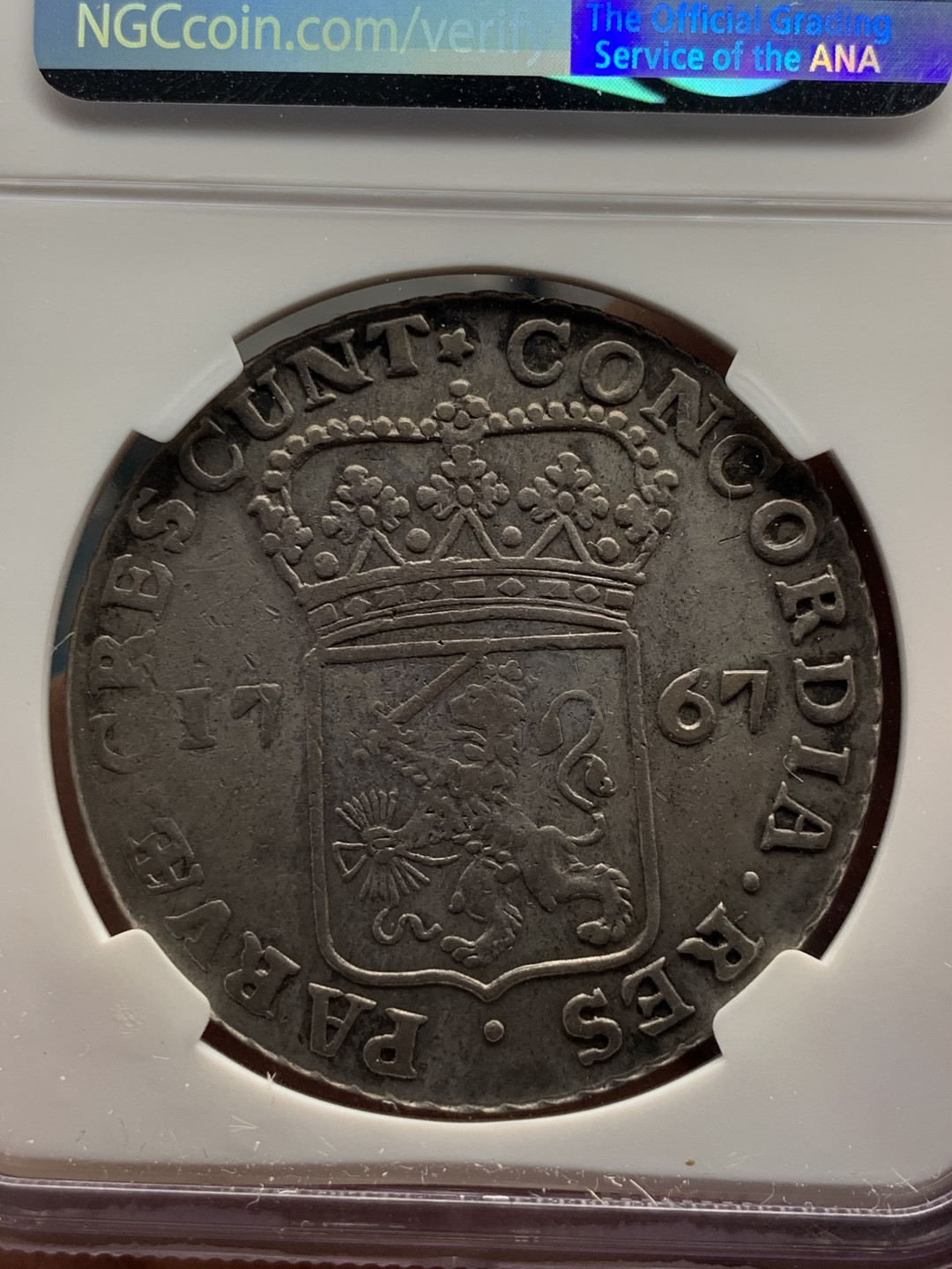 《竞宝斋》钱币微拍-第8场（不限金额顺丰包邮） NGC-XF 荷兰 1767年 武士 1杜克特 大银币 灰色包浆 武士脸都清晰可见 可砸盒博分