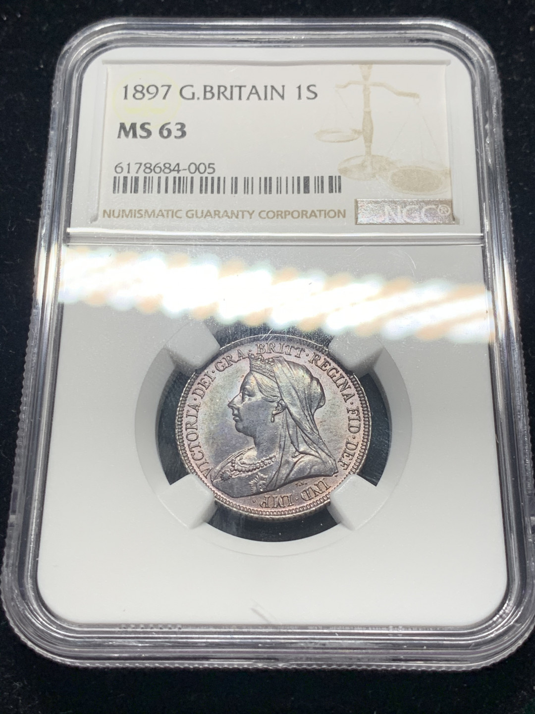 《竞宝斋》钱币微拍-第8场（不限金额顺丰包邮） NGC-MS63 英国1897年维多利亚1先令 NGC编号：6178684-005 双面带紫罗兰包浆 味道极好