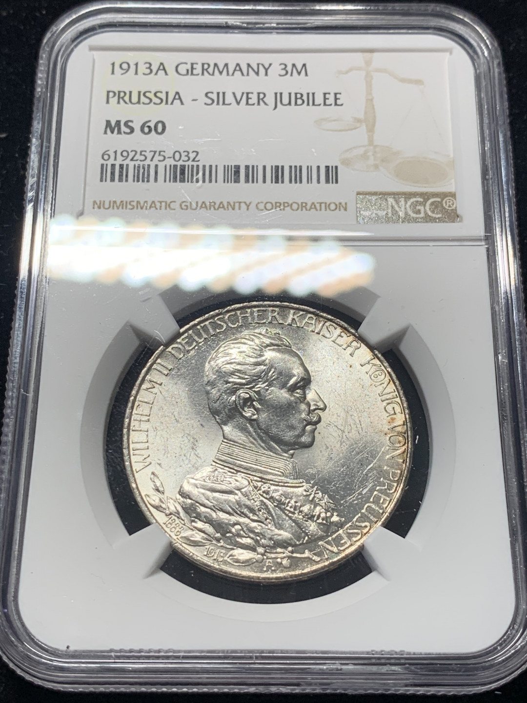 《竞宝斋》钱币微拍-第8场（不限金额顺丰包邮） NGC-MS60 德国普鲁士 1913-A年 军装版 3马克 银币 转光 严重低评