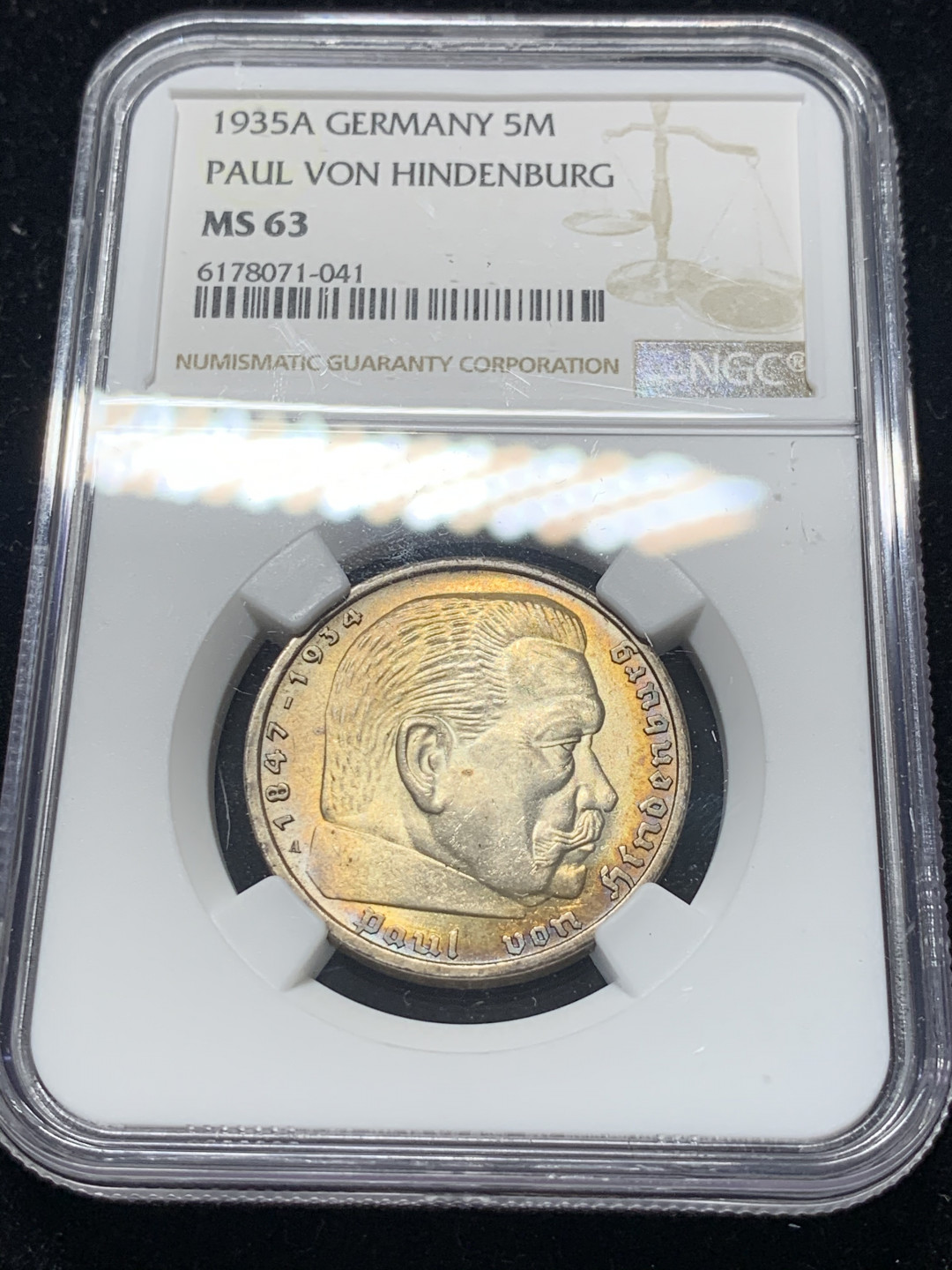 《竞宝斋》钱币微拍-第8场（不限金额顺丰包邮） NGC-MS63 德国兴登堡 1935年 5马克 银币 金色环彩转光 一流的味道
