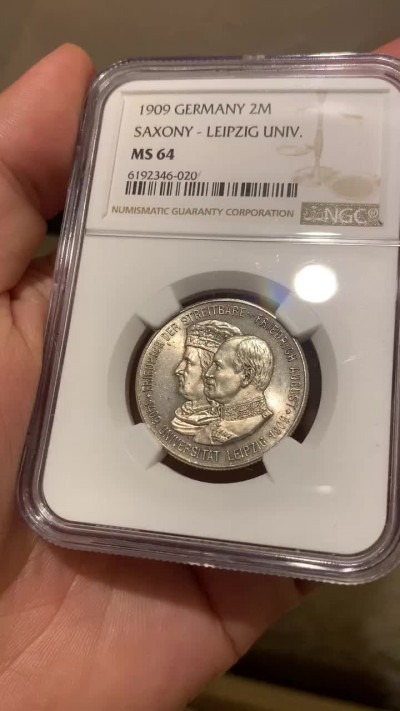 《竞宝斋》钱币微拍-第8场（不限金额顺丰包邮） NGC-MS64 德国萨克森 1909年 莱比锡大学 2马克 银币 转光 低级状态