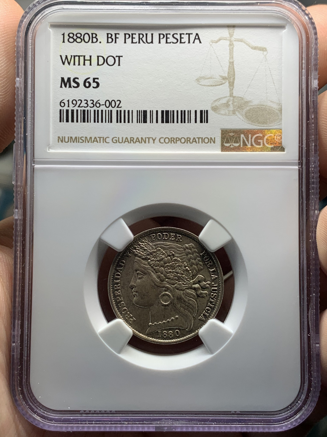 《竞宝斋》钱币微拍-第8场（不限金额顺丰包邮） 冠军分 NGC-MS65 秘鲁 1880年 1比塞塔 带点版 谷物女神银币 一流的状态