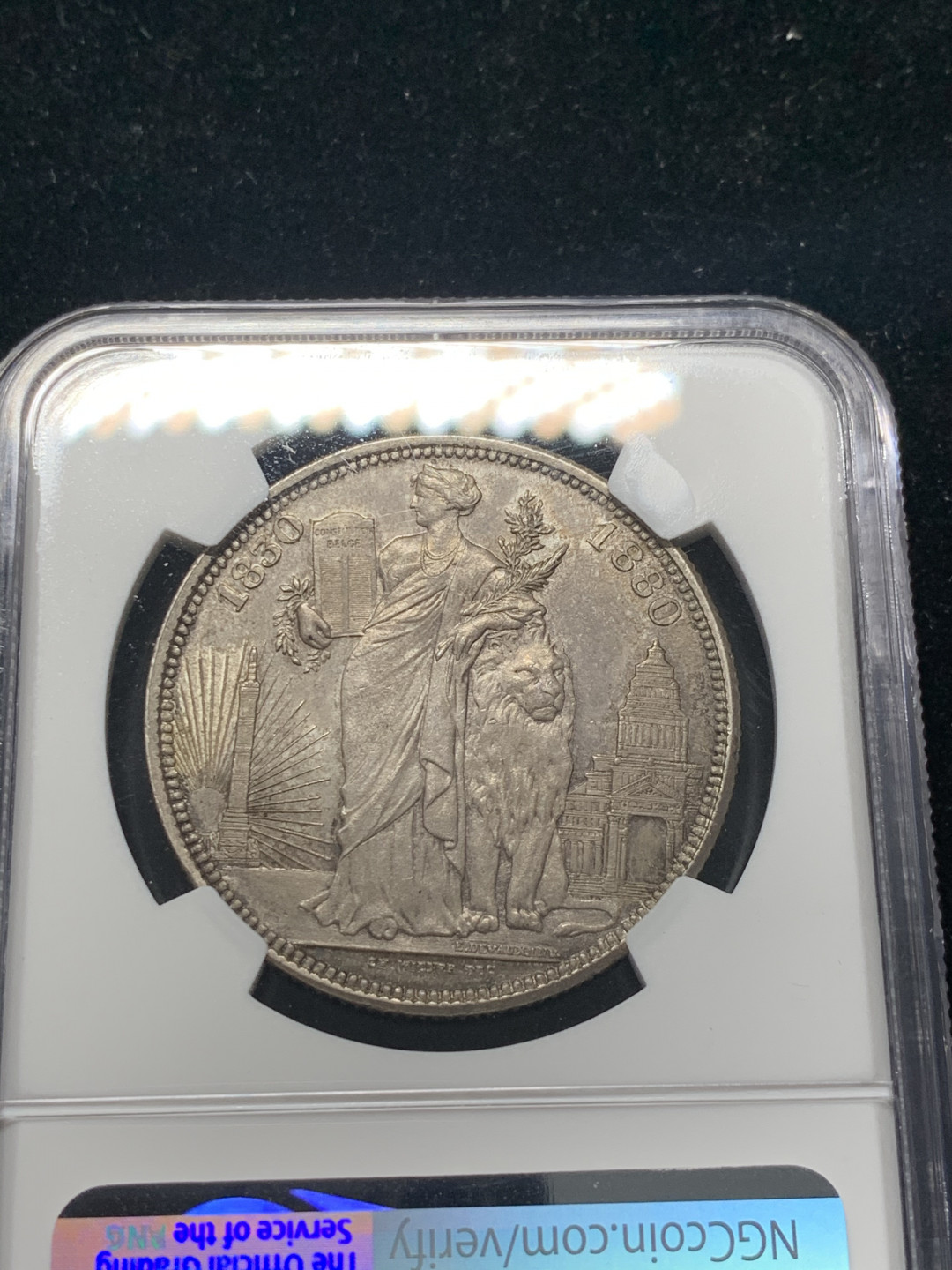 《竞宝斋》钱币微拍-第8场（不限金额顺丰包邮） NGC-MS62 比利时 1880年 狮子美女 5法郎 银币 原味老包浆给分太难了