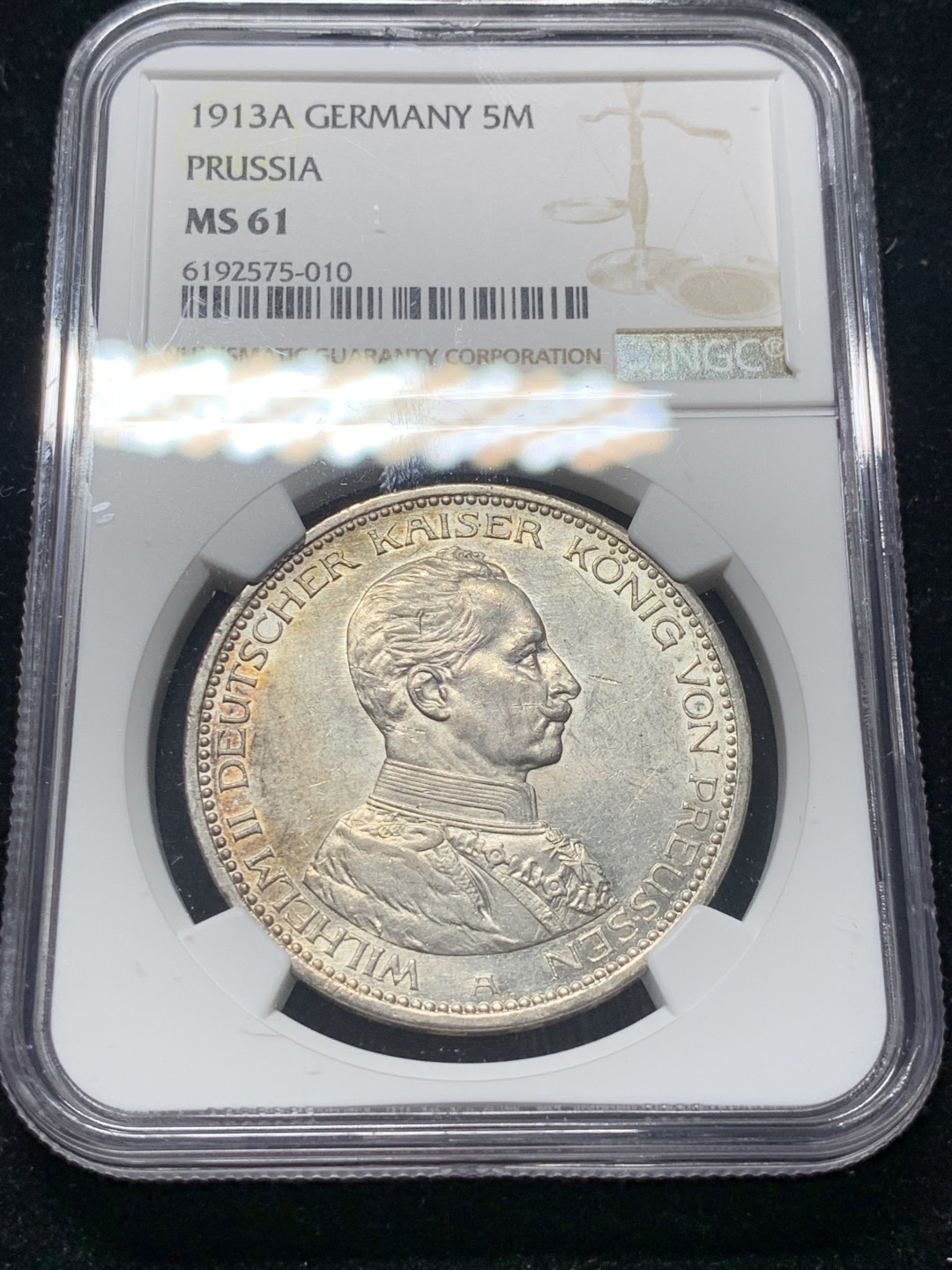 《竞宝斋》钱币微拍-第8场（不限金额顺丰包邮） NGC-MS61 德国普鲁士 1913-A年 军装版 5马克 原光银币