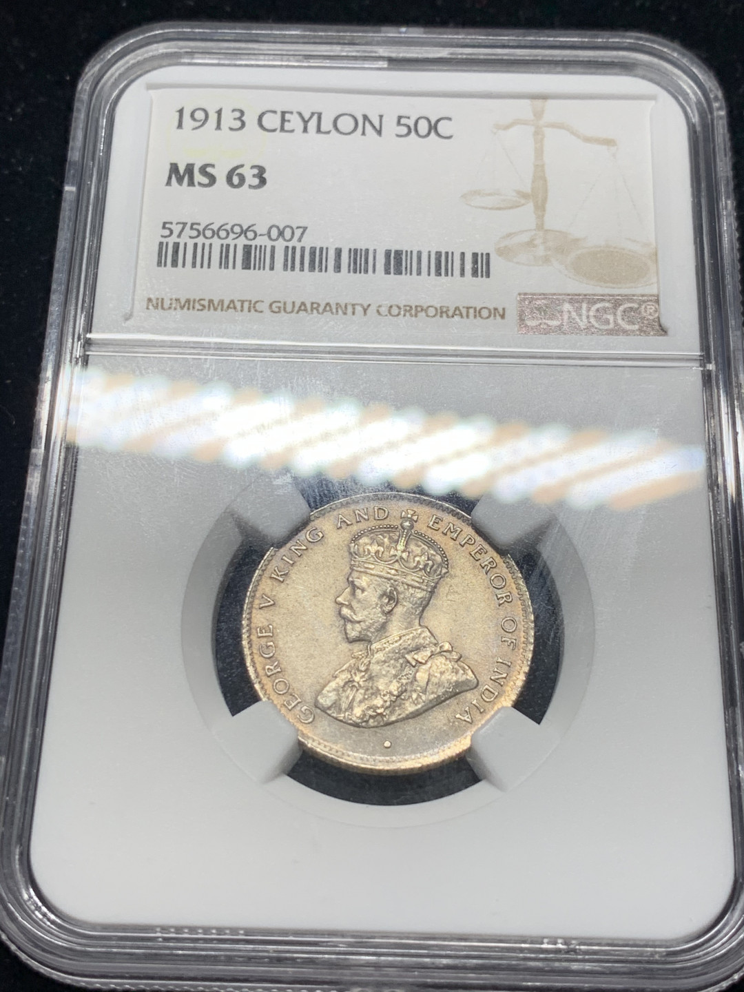 《竞宝斋》钱币微拍-第8场（不限金额顺丰包邮） NGC-MS63 锡兰 1913年乔治五世50分 NGC编号：5756696-007