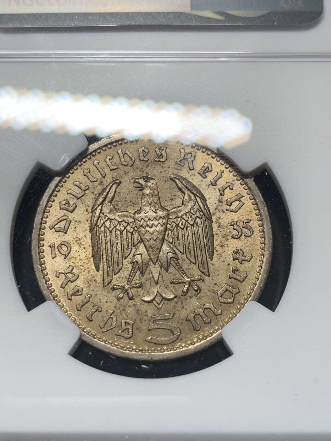 《竞宝斋》钱币微拍-第8场（不限金额顺丰包邮） NGC-MS63 德国兴登堡 1935年 5马克 银币 金色环彩转光 一流的味道