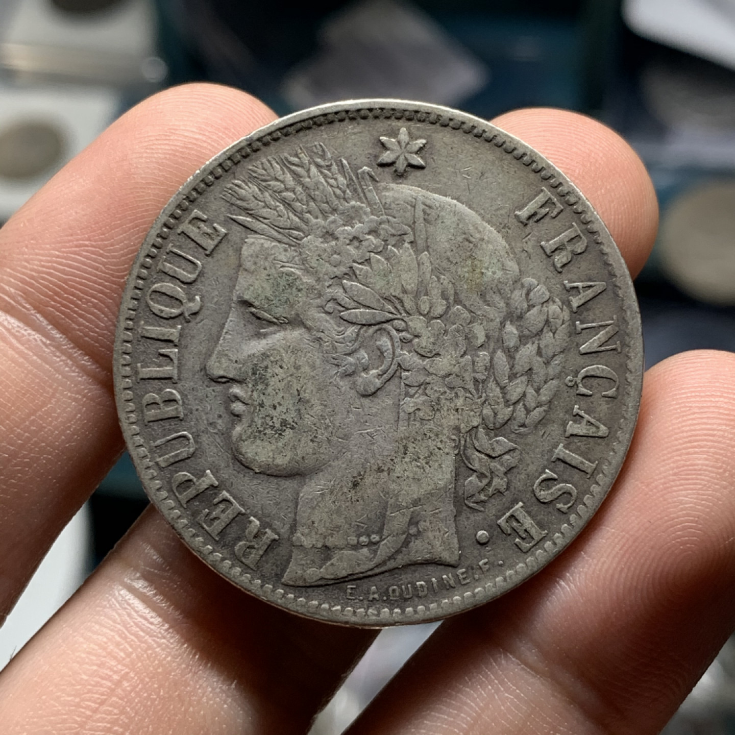 《竞宝斋》钱币微拍-第8场（不限金额顺丰包邮） 法国 1870-K年 稀少无字版 谷物女神 5法郎 原味品 大银币 20.7g，37.3mm