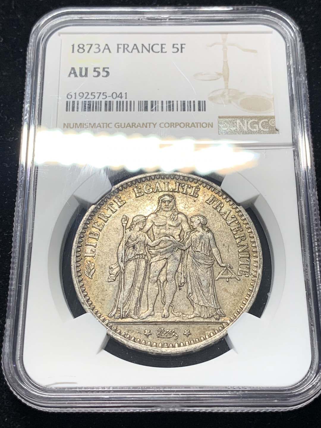 《竞宝斋》钱币微拍-第8场（不限金额顺丰包邮） NGC-AU55 法国1873年 大力神 5法郎 原味带彩 大银币