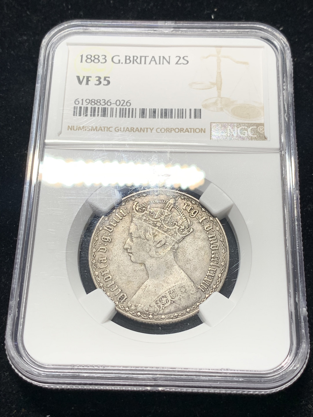 《竞宝斋》钱币微拍-第8场（不限金额顺丰包邮） NGC-VF35 英国 1883年 维多利亚女王 哥特福林 2先令 原味银币