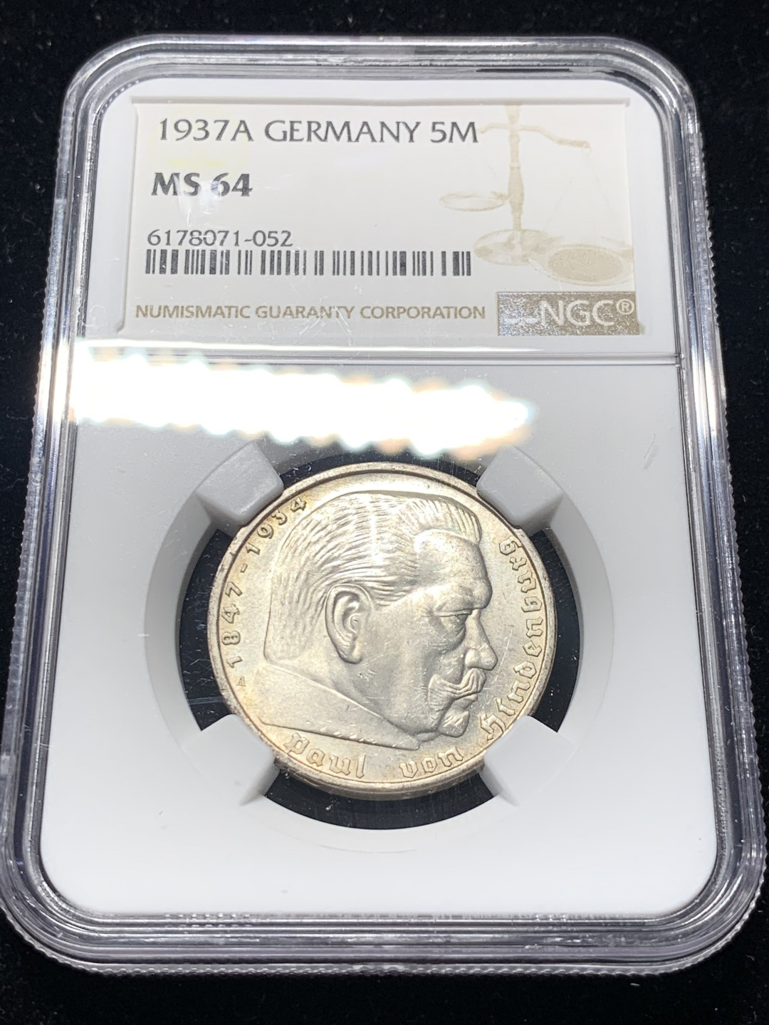 《竞宝斋》钱币微拍-第8场（不限金额顺丰包邮） NGC-MS64 德国 1937-A年 5马克 银币 车轮光 第四名