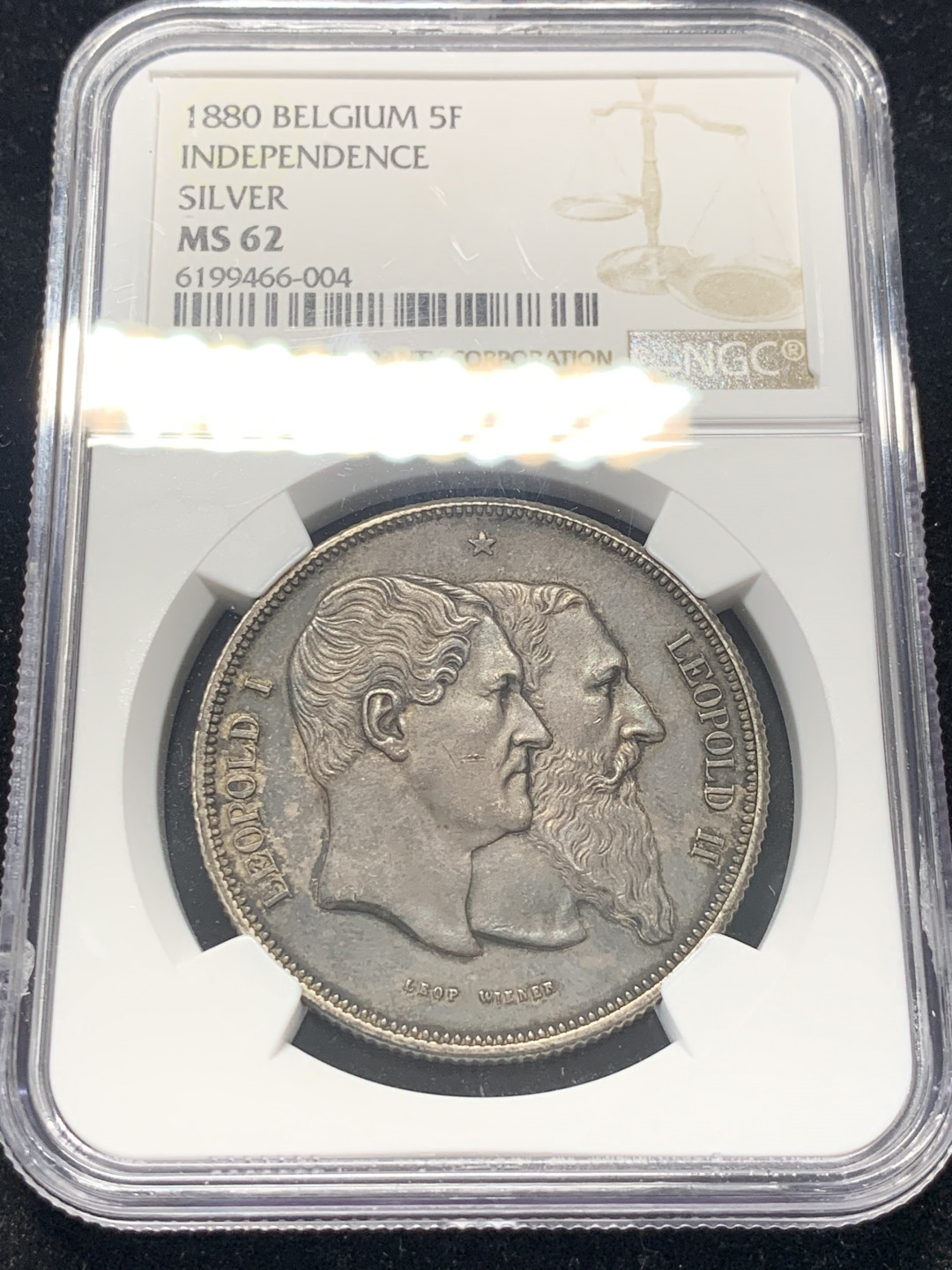 《竞宝斋》钱币微拍-第8场（不限金额顺丰包邮） NGC-MS62 比利时 1880年 狮子美女 5法郎 银币 原味老包浆给分太难了