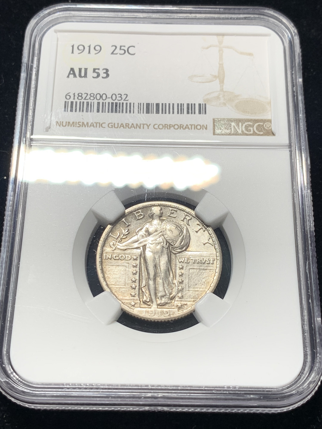 《竞宝斋》钱币微拍-第8场（不限金额顺丰包邮） NGC-AU53 美国 1919年 站人 25分 银币 少见品种