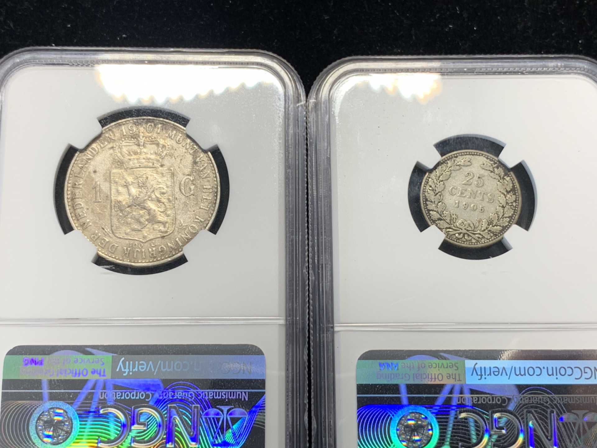 《竞宝斋》钱币微拍-第8场（不限金额顺丰包邮） 荷兰威廉明娜少女版，1901年1盾AUD,1905年25分VF25，共两枚