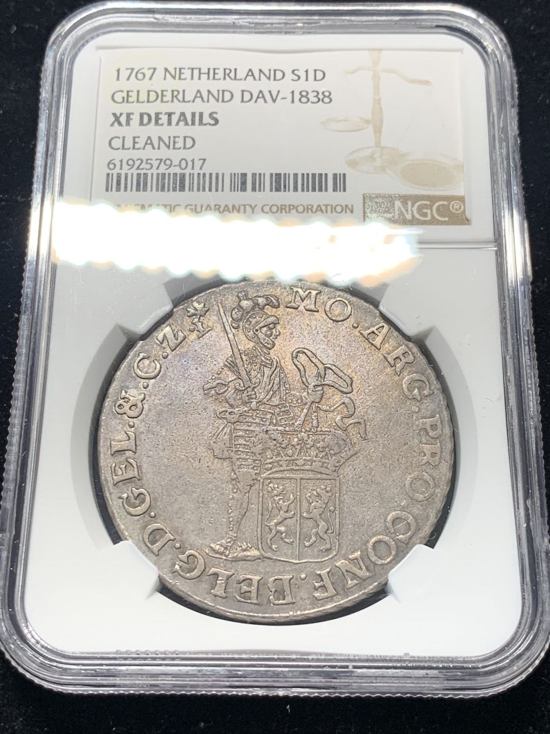 《竞宝斋》钱币微拍-第8场（不限金额顺丰包邮） NGC-XF 荷兰 1767年 武士 1杜克特 大银币 灰色包浆 武士脸都清晰可见 可砸盒博分